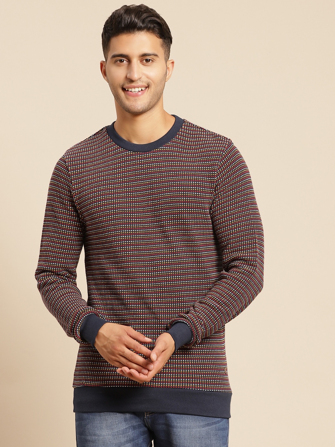 

United Colors of Benetton Men Navy Blue & Maroon Pure Cotton Self-Design Pullover