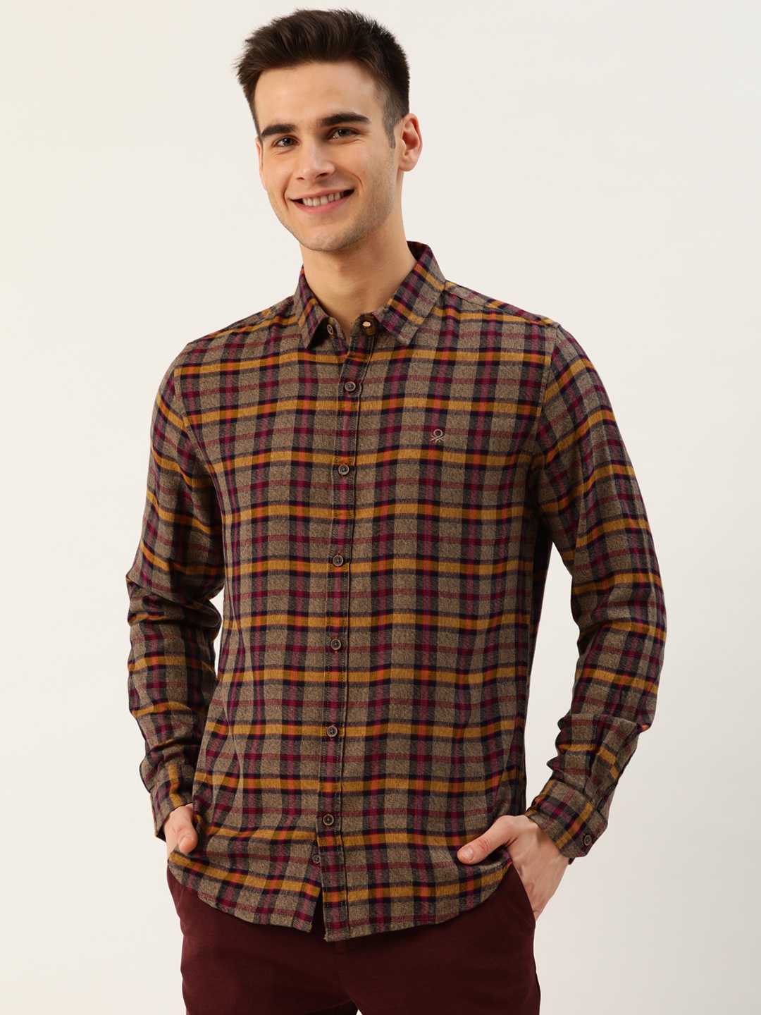 

United Colors of Benetton Men Mustard Yellow & Black Slim Fit Checked Casual Shirt