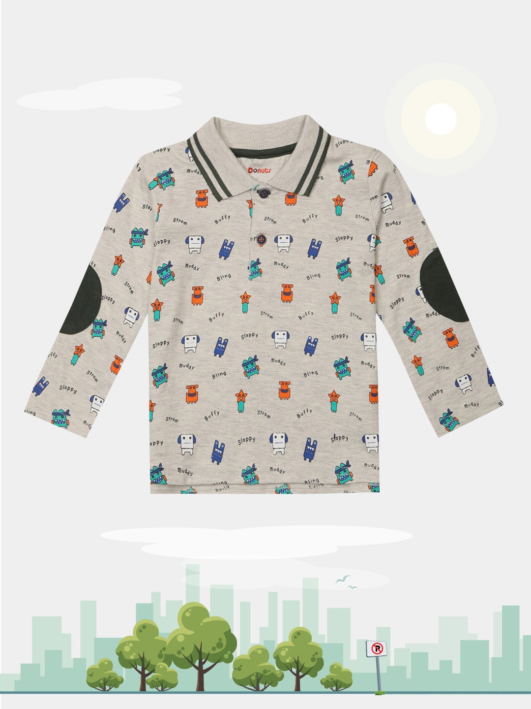 

Donuts Boys Grey Printed Polo Collar T-shirt