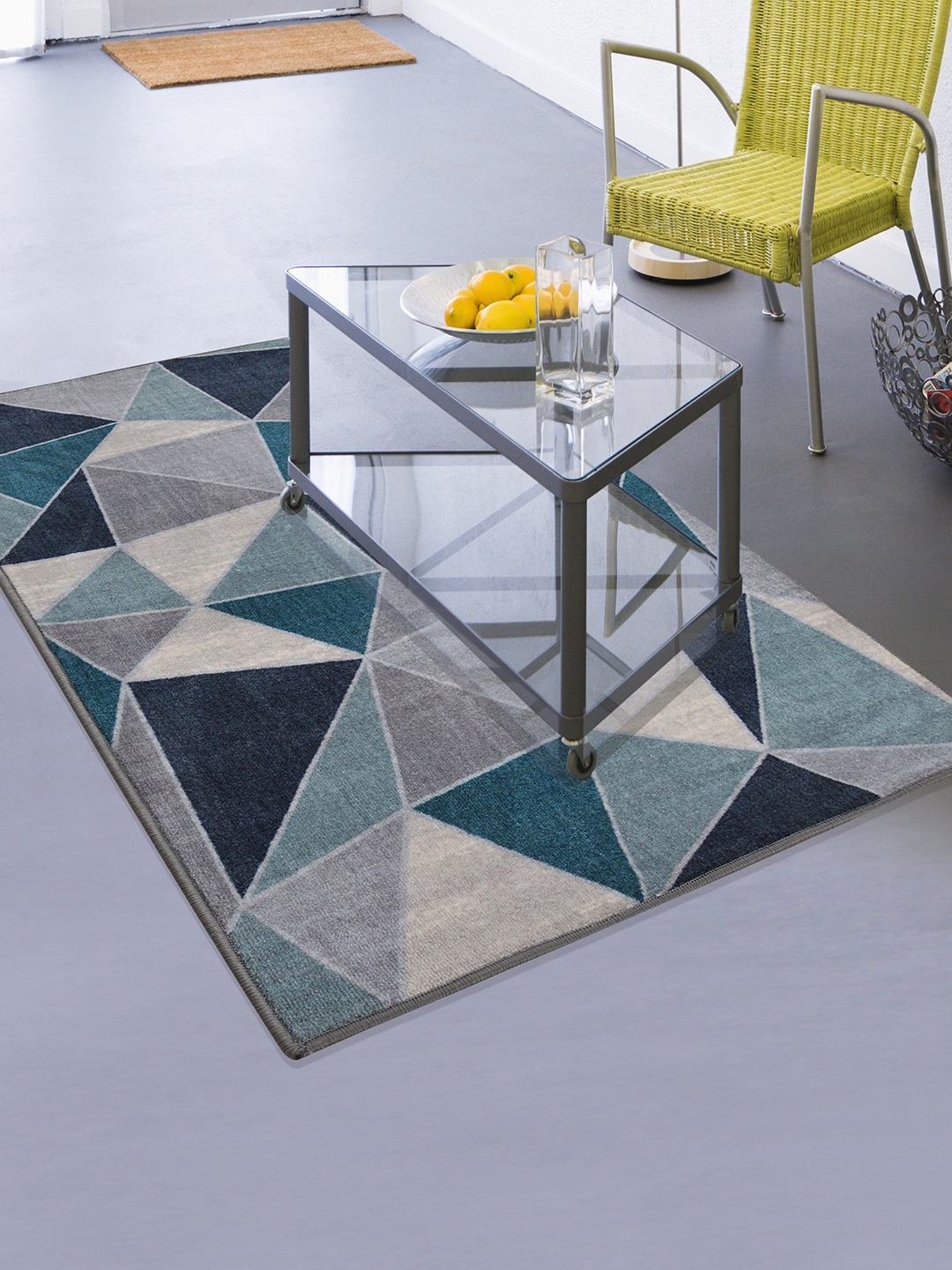 

RUGSMITH Teal-Blue & Grey Geometric Printed Light Anti-Skid Carpet