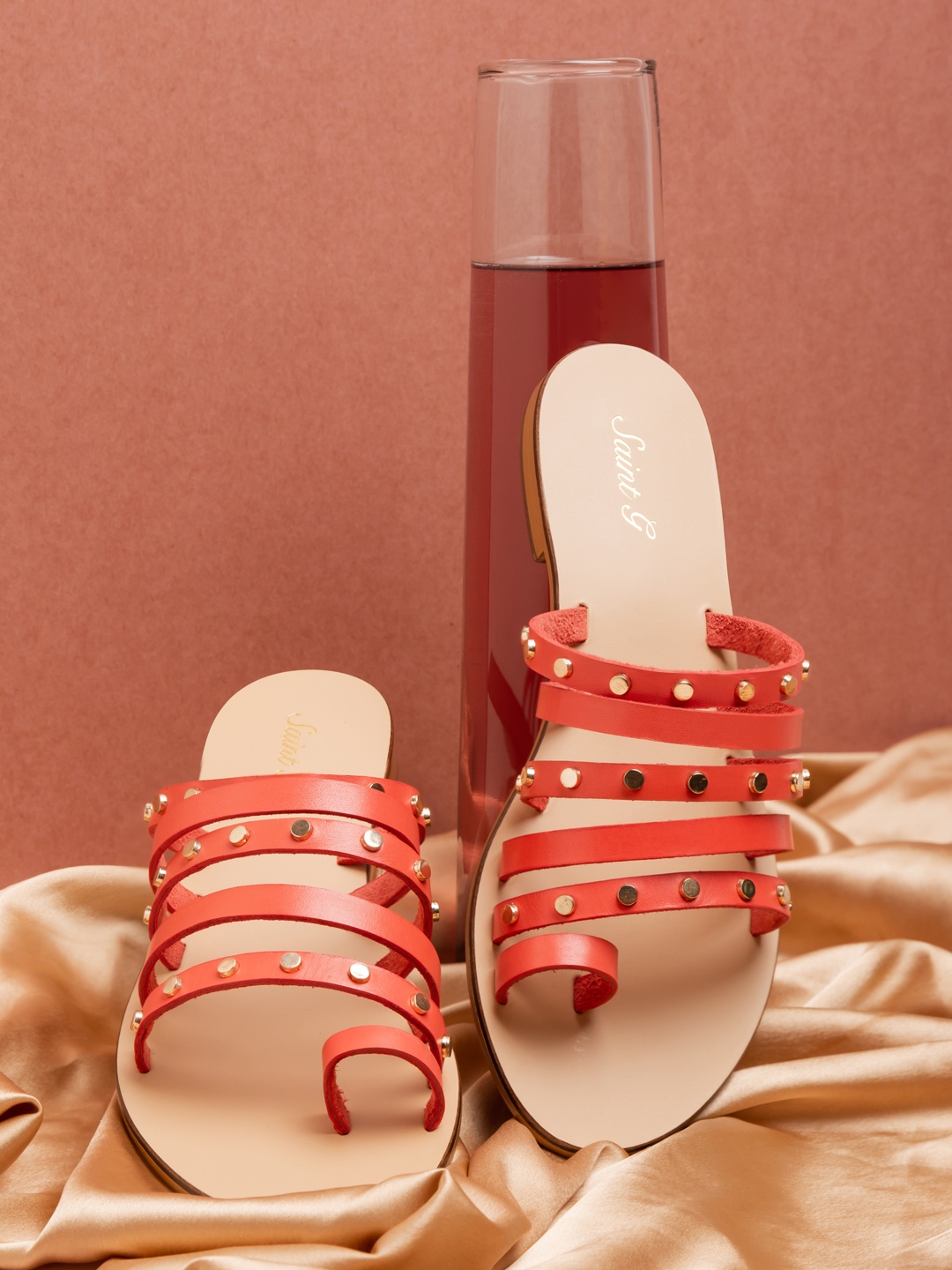 

Saint G Women Metal Studded Multi Strap Coral Leather Flats, Red