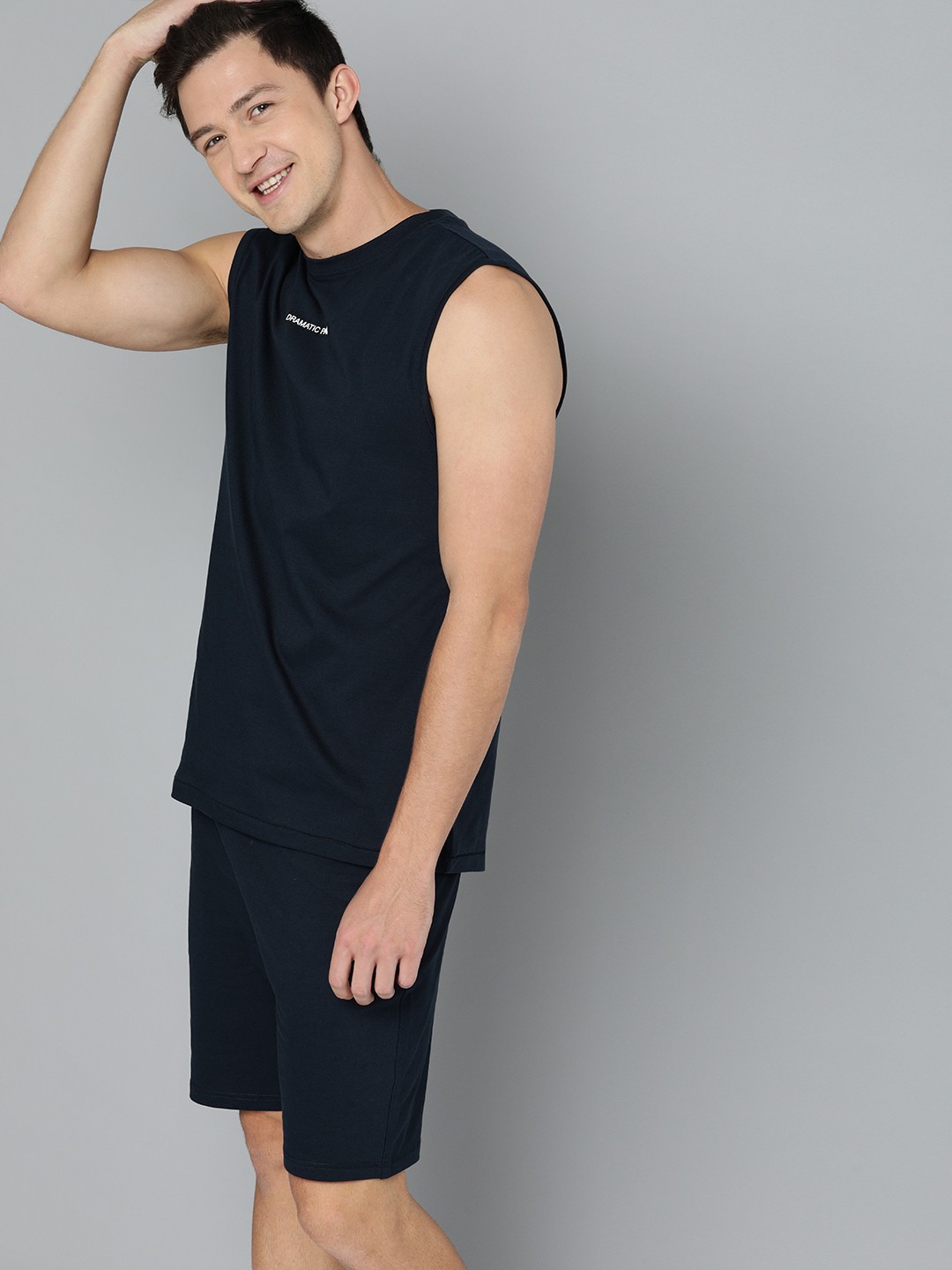 

M&H Easy Men Navy Blue Solid T-shirt with Shorts