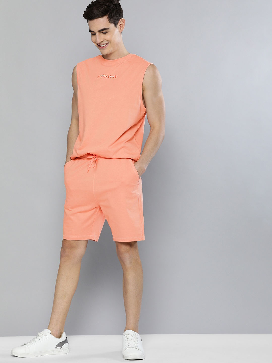 

M&H Easy Men Peach-Coloured Solid T-shirt with Shorts