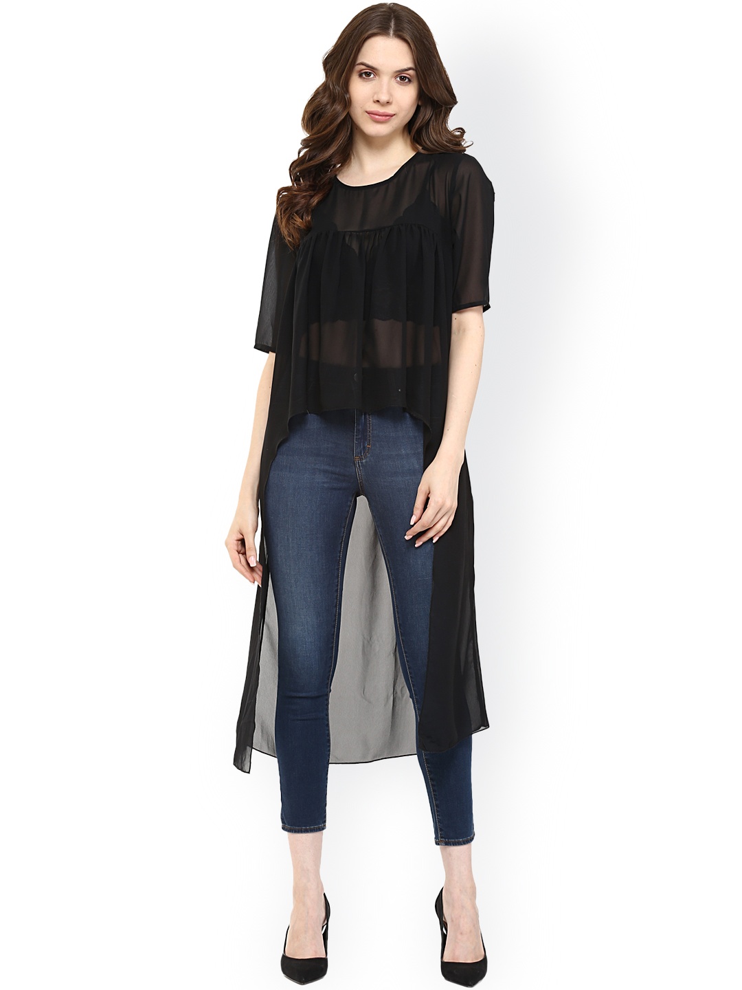 

Pannkh Black Polyester High-Low Sheer Top