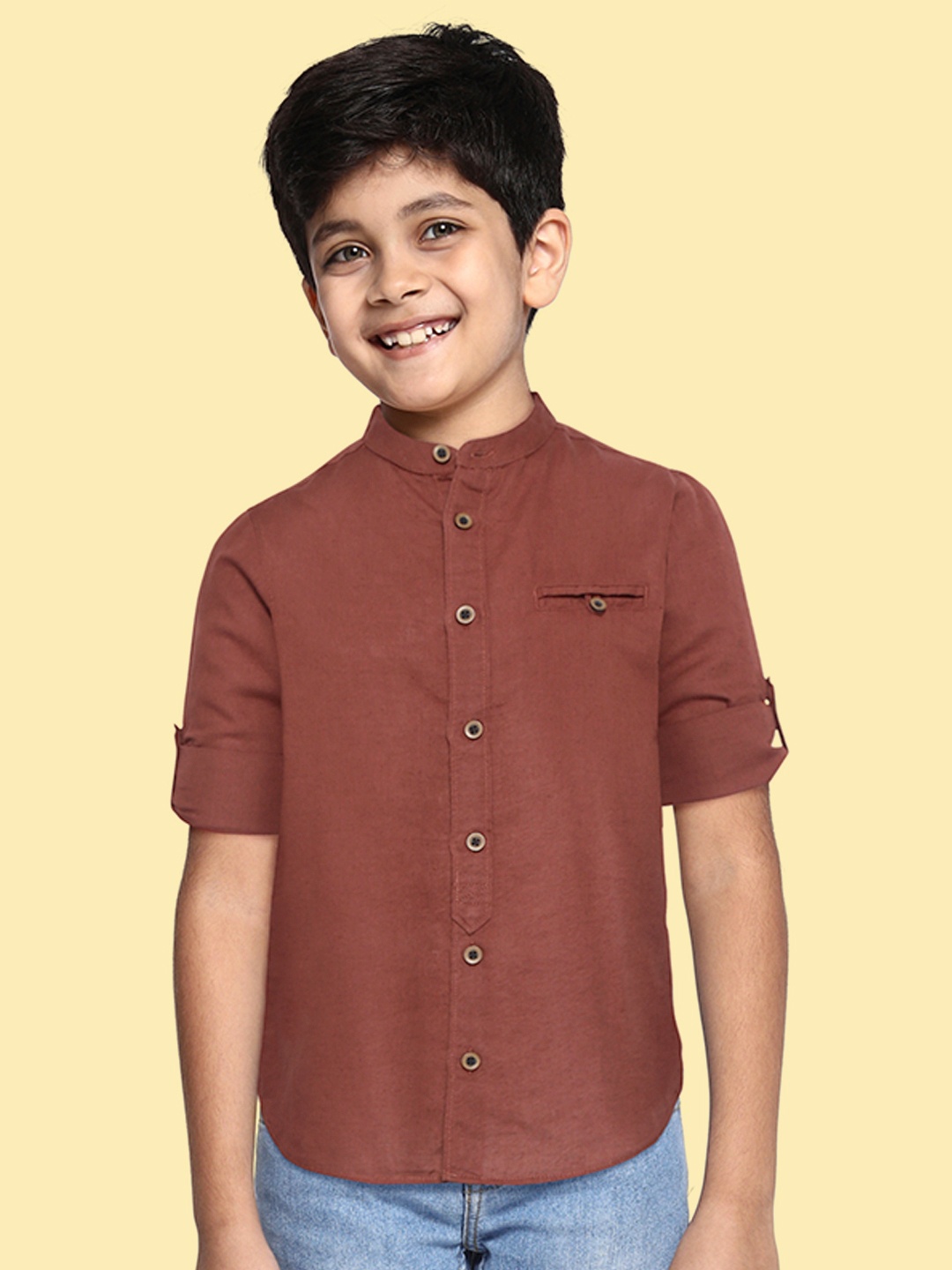 

Marks & Spencer Boys Rust Brown Solid Linen Cotton Casual Shirt