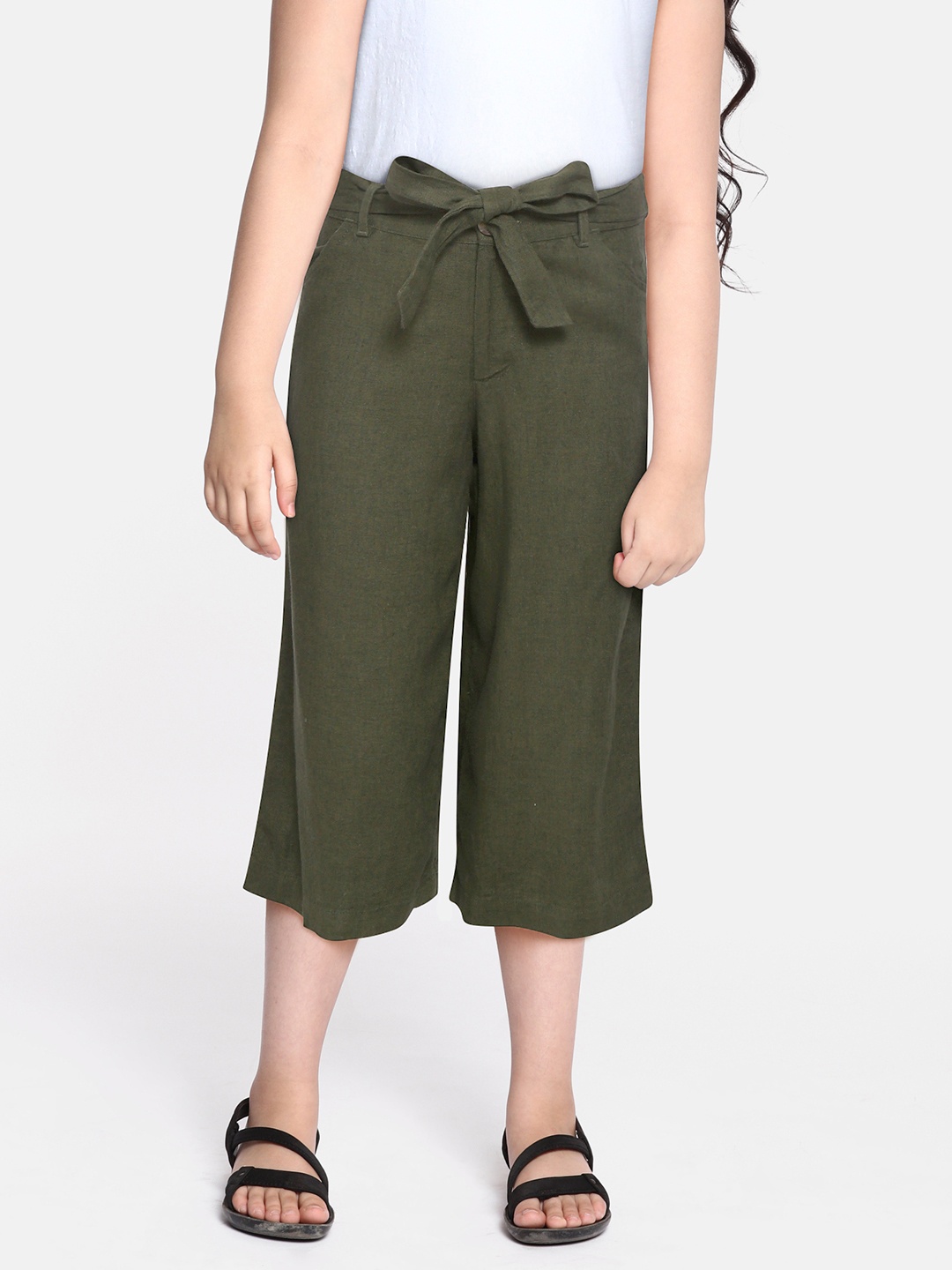 

Marks & Spencer Girls Olive Green Solid Parallel Trousers with Waist Tie-Ups