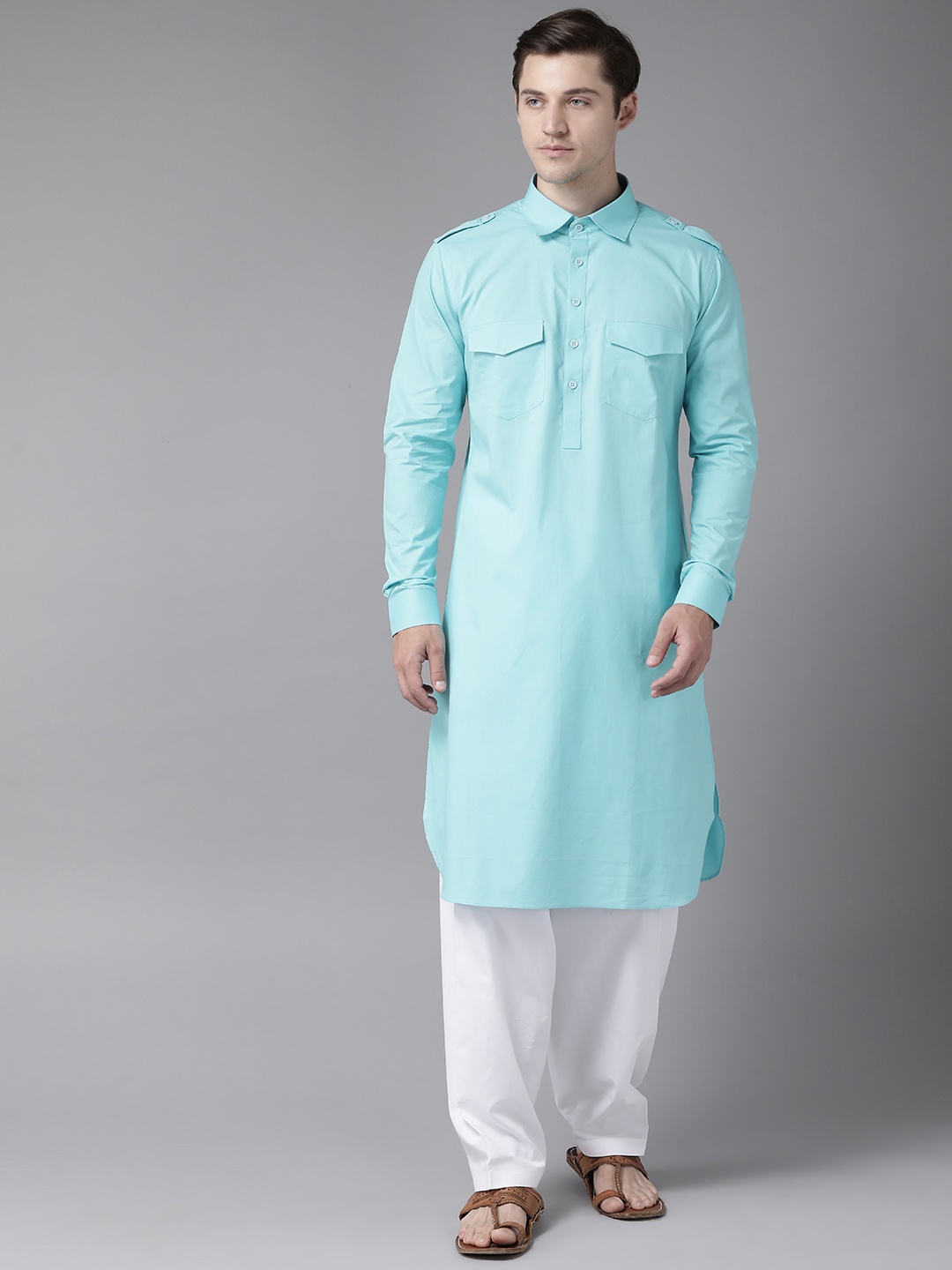 

See Designs Men Blue & White Pure Cotton Solid Pathani Kurta with Salwar