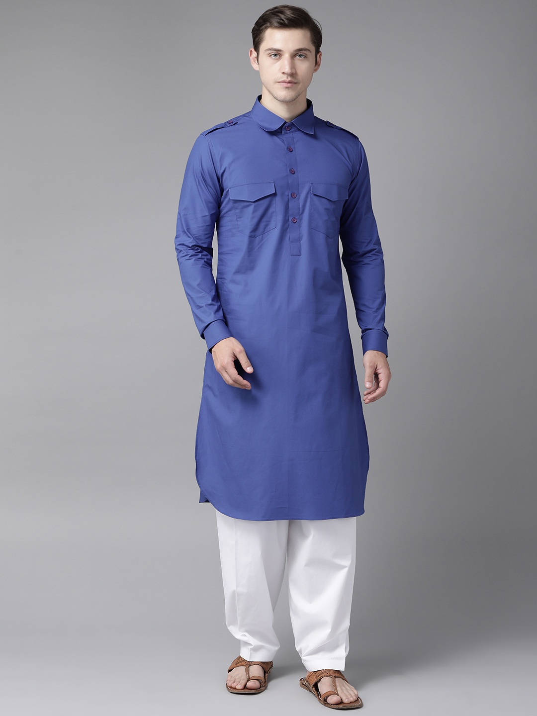 

See Designs Men Blue & White Pure Cotton Solid Pathani Kurta with Salwar