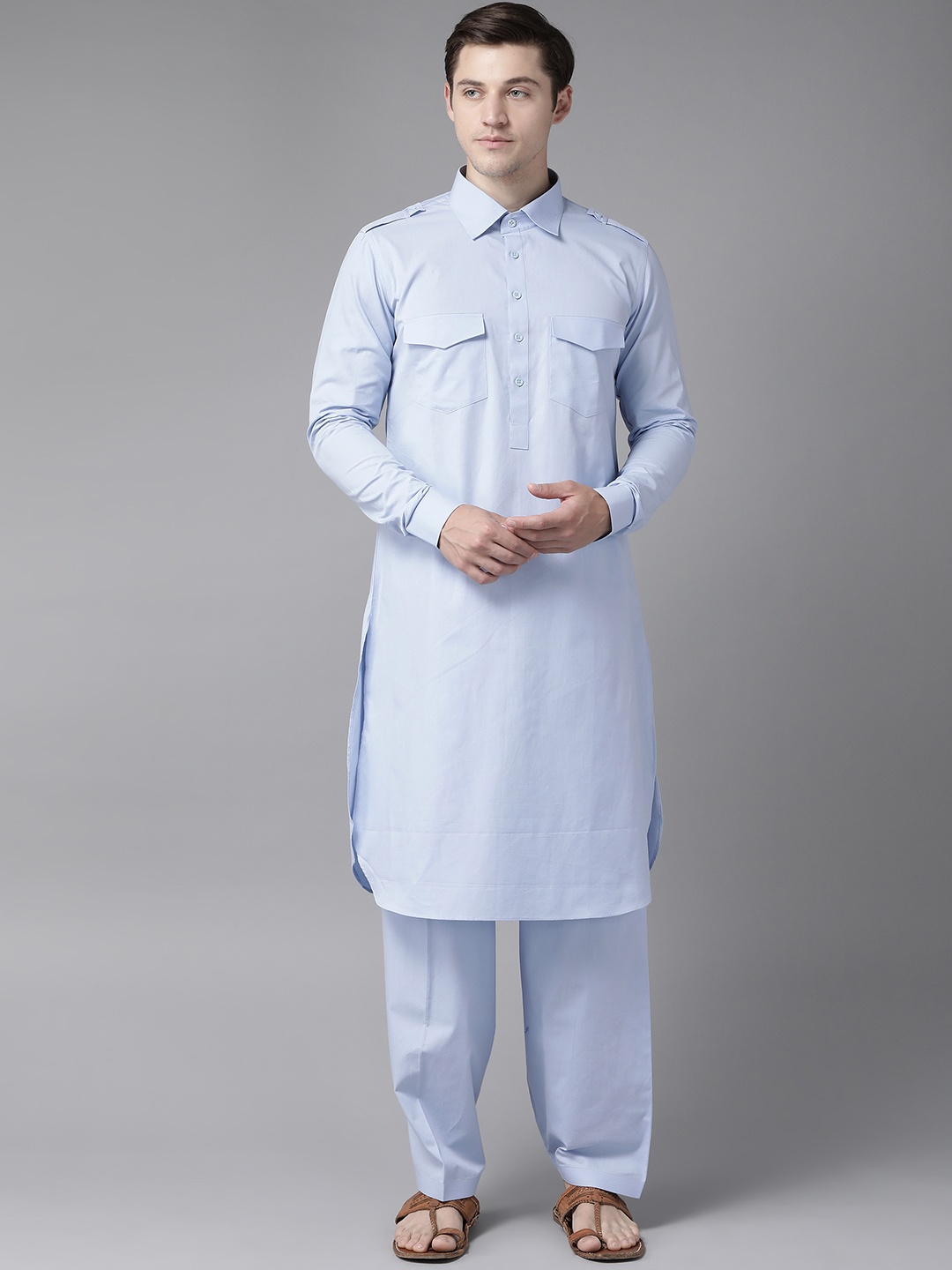 

See Designs Men Blue Pure Cotton Solid Pathani Kurta with Salwar