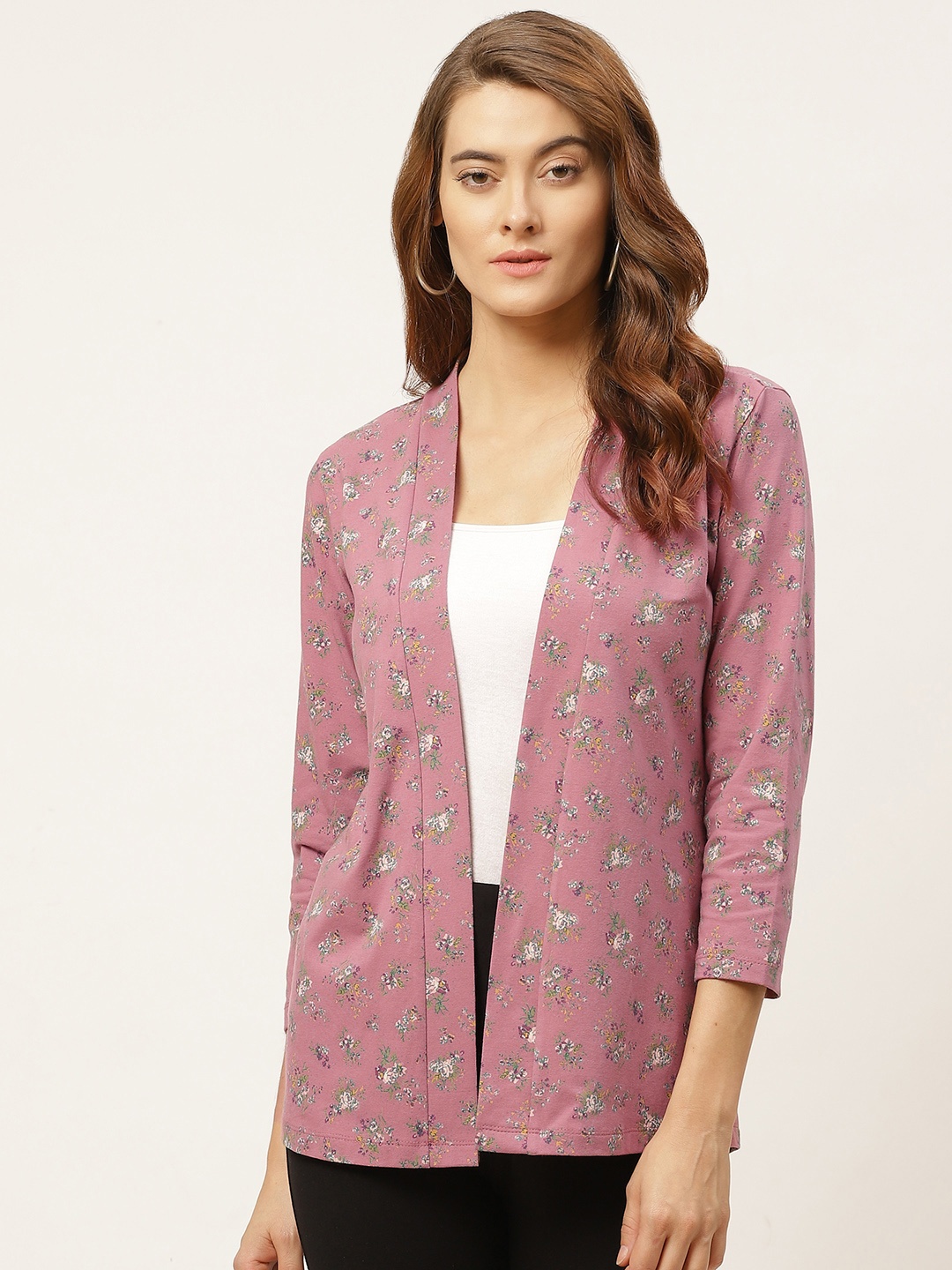 

WISSTLER Women Pink & Green Floral Print Open Front Shrug