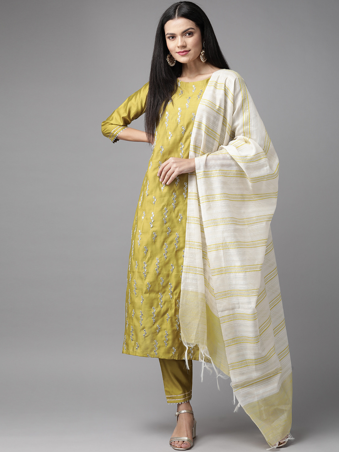 

Indo Era Women Olive Green & Off-White Embroidered Kurta with Trousers & Dupatta