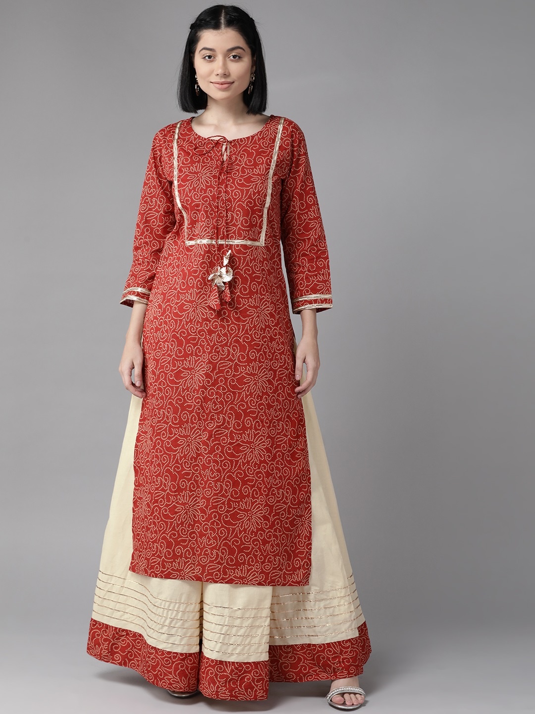 

Indo Era Women Red & Cream-Coloured Bandhani Print Pure Cotton Kurta with Skirt