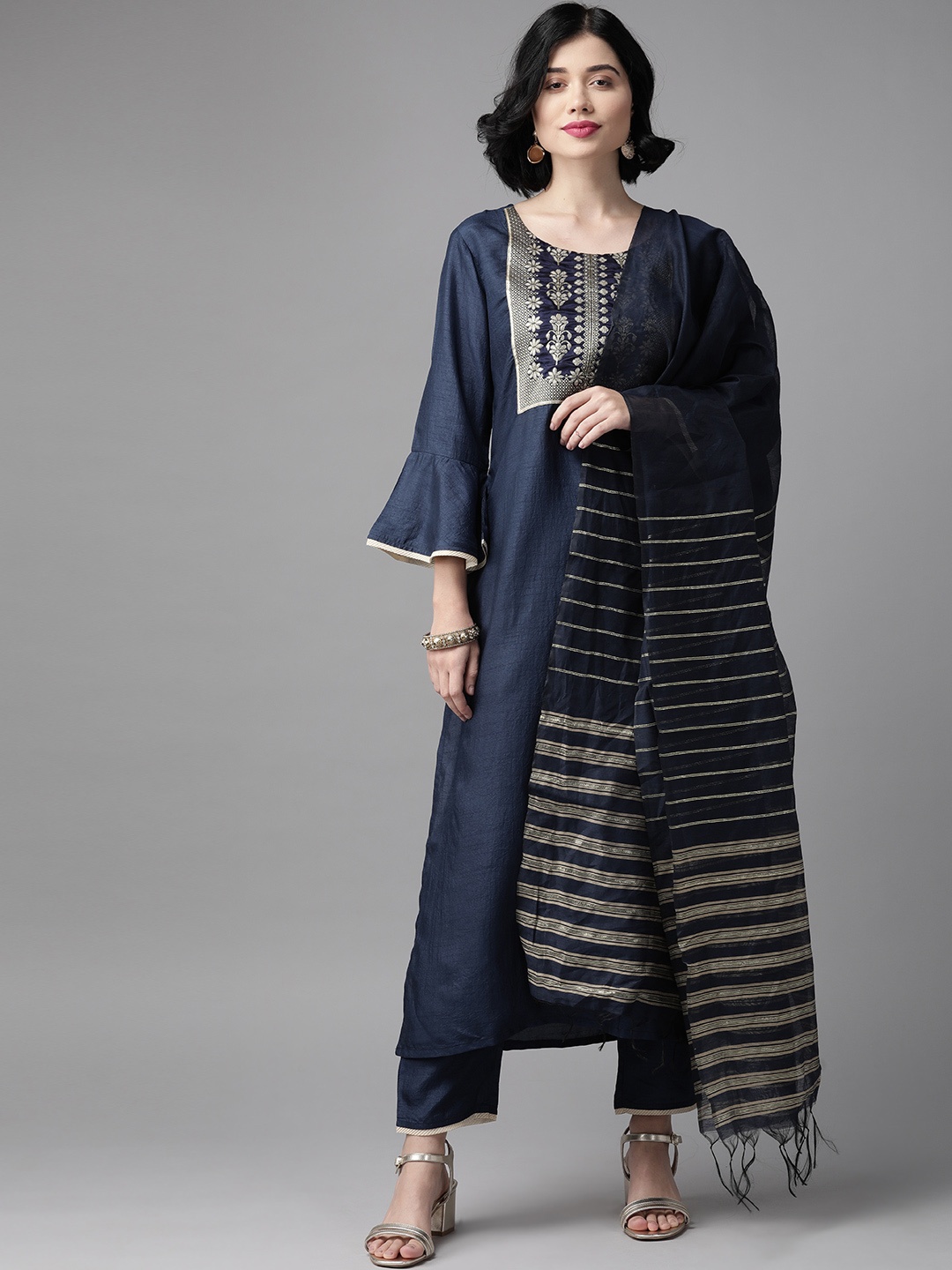 

Indo Era Women Navy Blue & Golden Yoke Design Kurta with Trousers & Dupatta