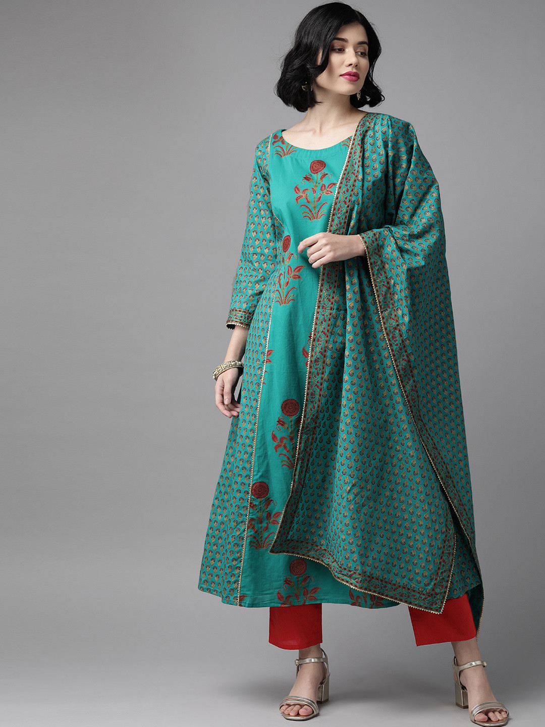 

Indo Era Women Sea Green & Red Ethnic Print Pure Cotton Kurta with Trousers & Dupatta