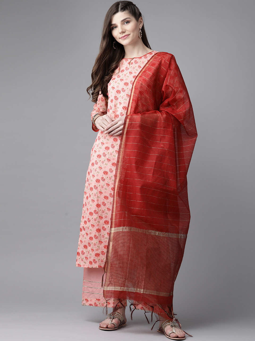 

Indo Era Women Pink & Red Printed Kurta with Palazzos & Dupatta