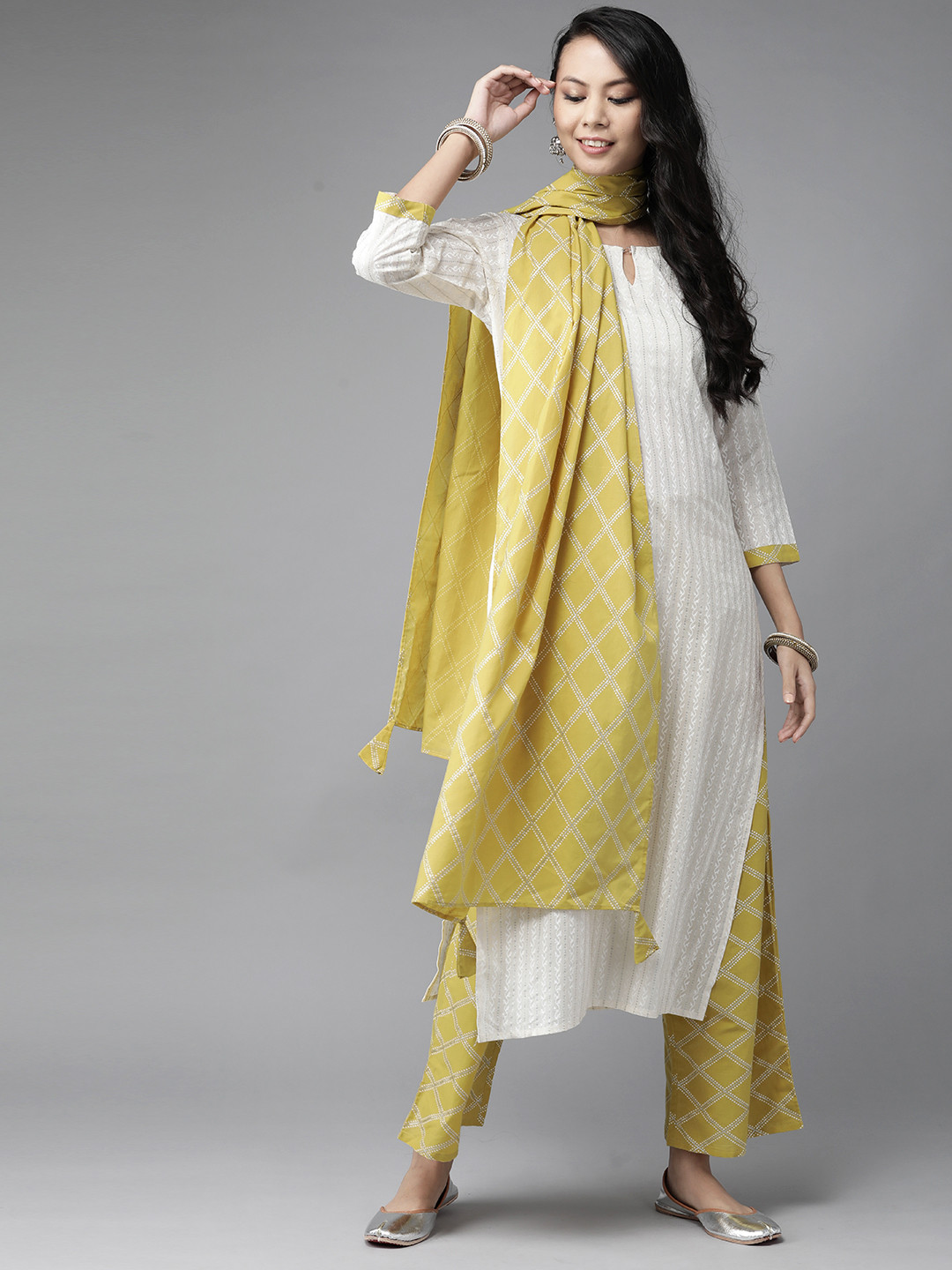 

Indo Era Women White Foil Printed Pure Cotton Kurta with Palazzos & With Dupatta