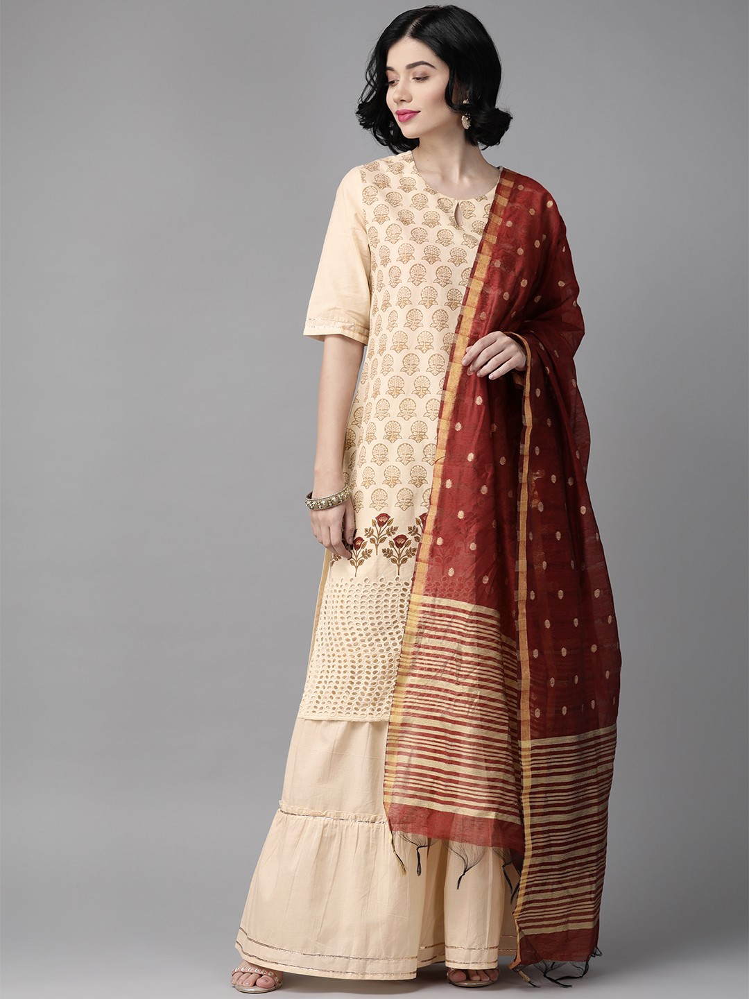 

Indo Era Women Cream-Coloured & Beige Ethnic Motifs Print Kurta with Sharara & Dupatta