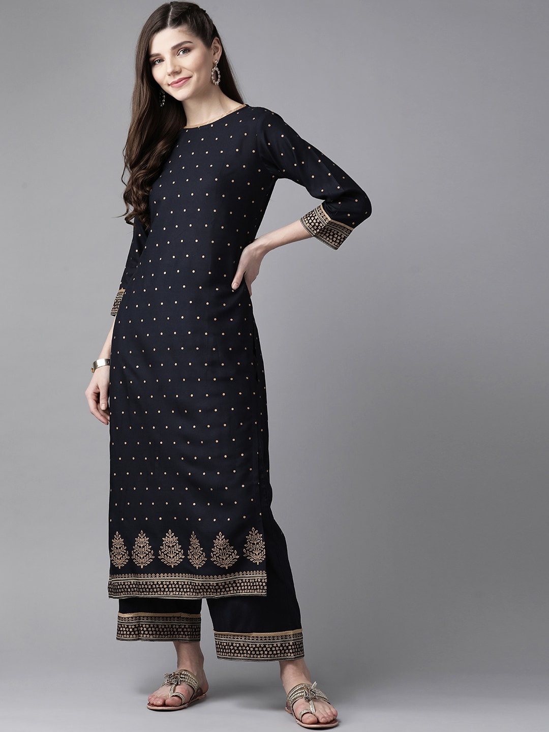 

Indo Era Women Navy Blue & Golden Printed Kurta with Palazzos