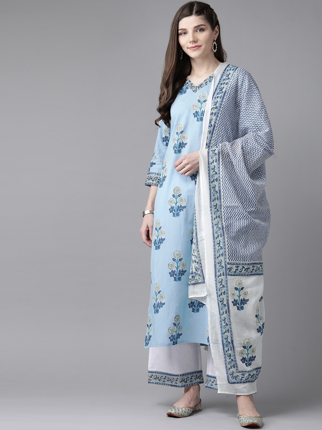

Indo Era Women Blue & White Printed Kurta with Palazzos & Dupatta