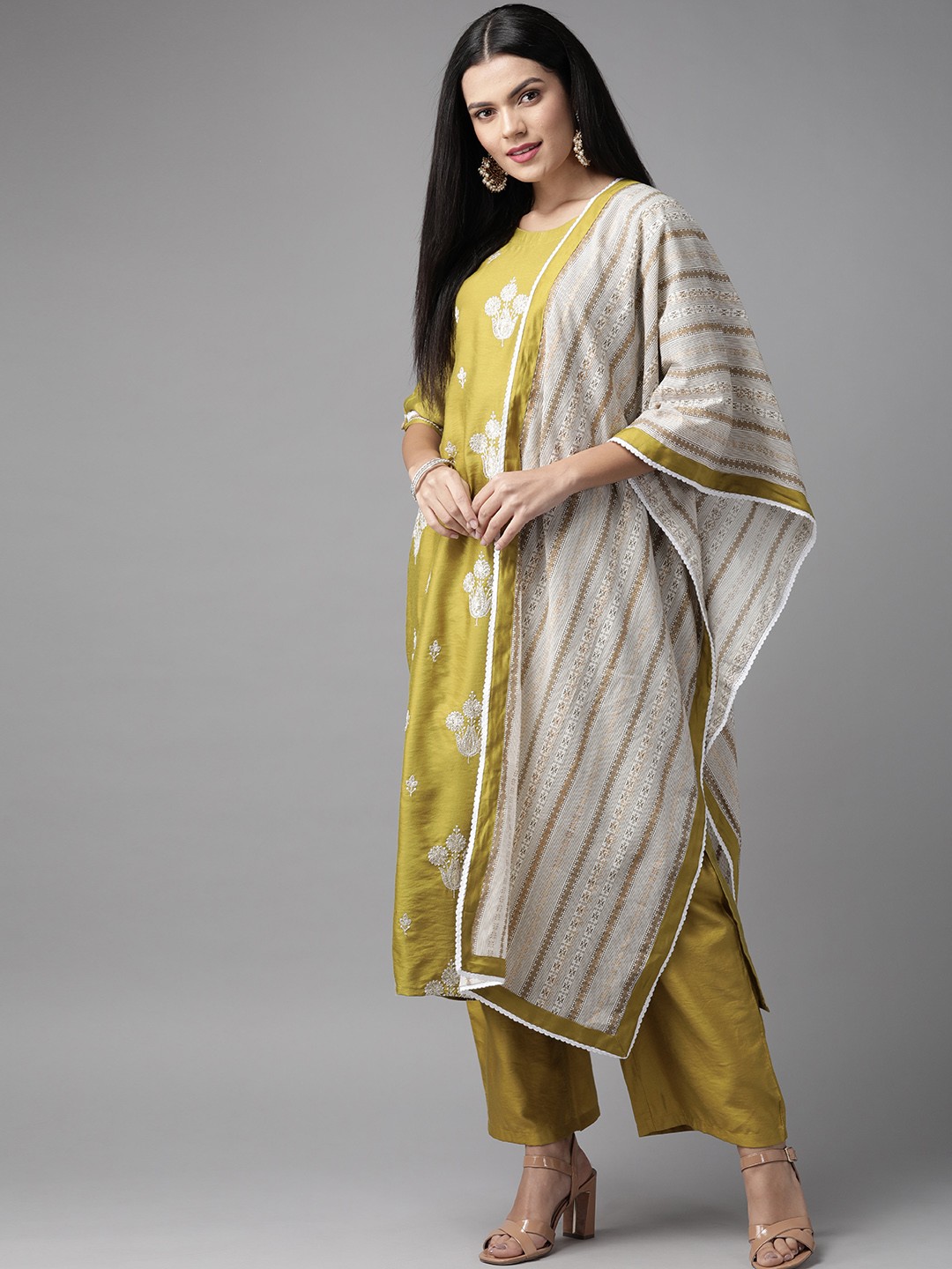 

Indo Era Women Olive Green & Off-White Embroidered Kurta with Palazzos & Dupatta