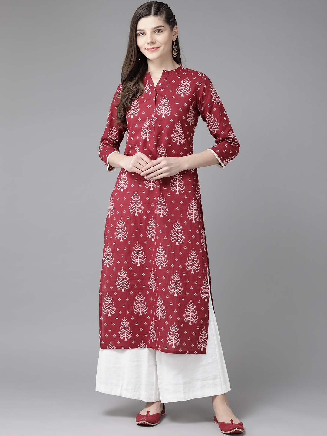 

Indo Era Women Maroon & Off White Ethnic Motifs Print Cotton Mandarin Collar Kurta