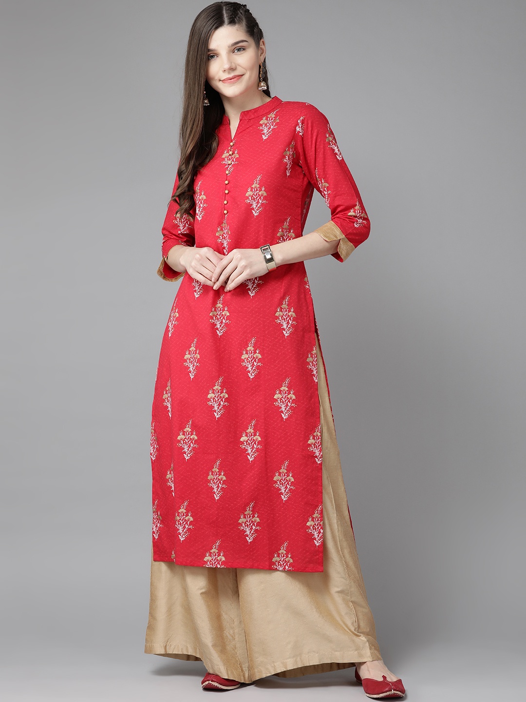 

Indo Era Women Red & Off White Ethnic Motifs Foil Print Cotton Mandarin Collar Kurta