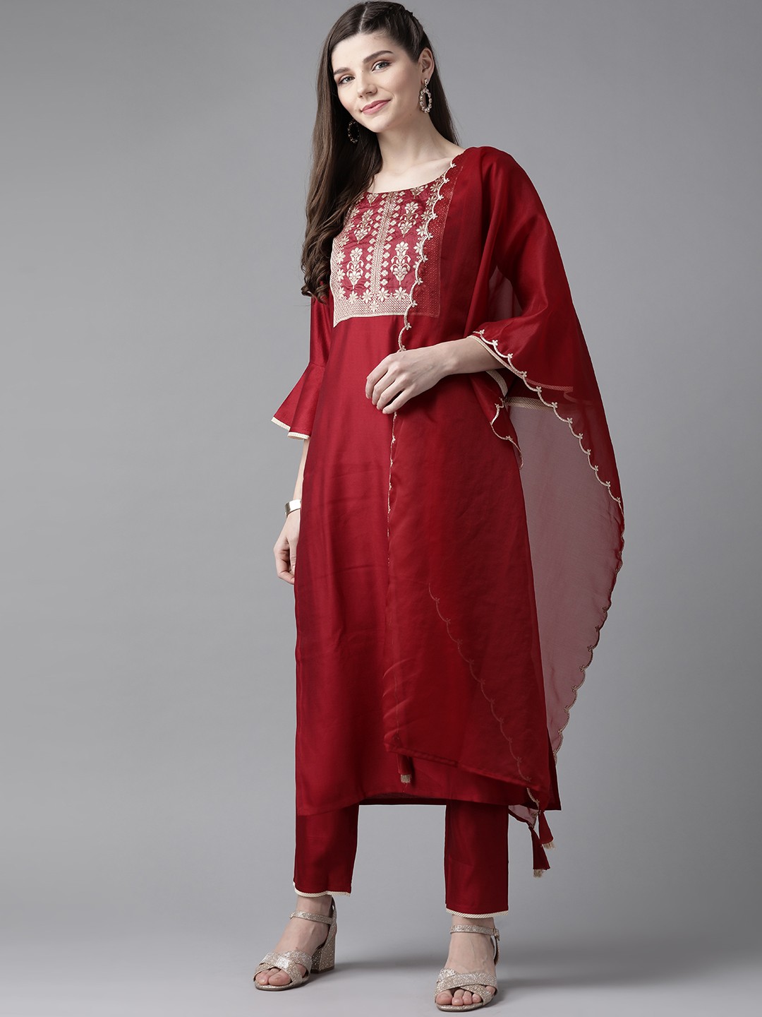 

Indo Era Women Red Yoke Design Kurta with Trousers