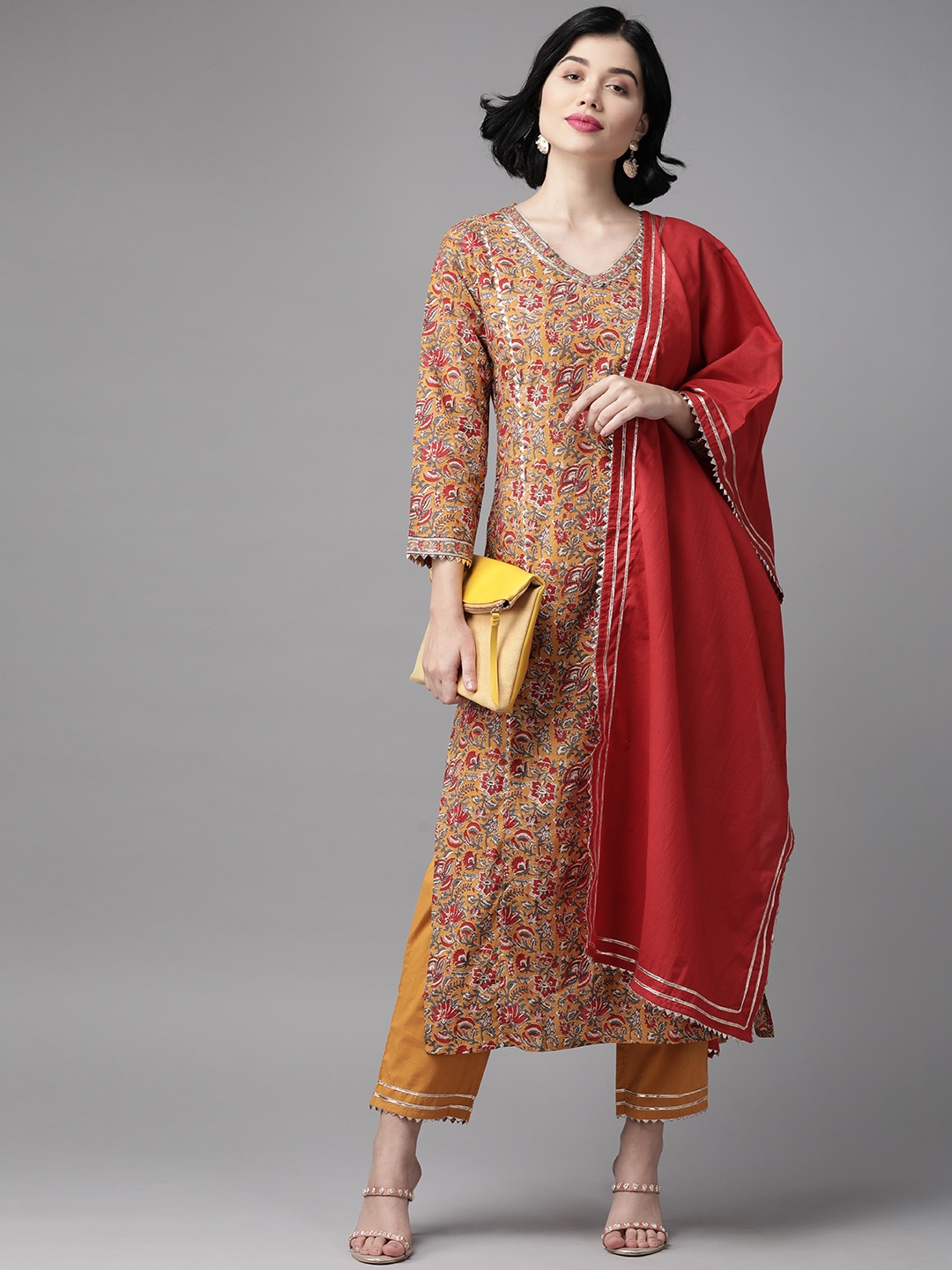 

Indo Era Women Mustard Yellow & Red Ethnic Motifs Print Kurta with Trousers & Dupatta