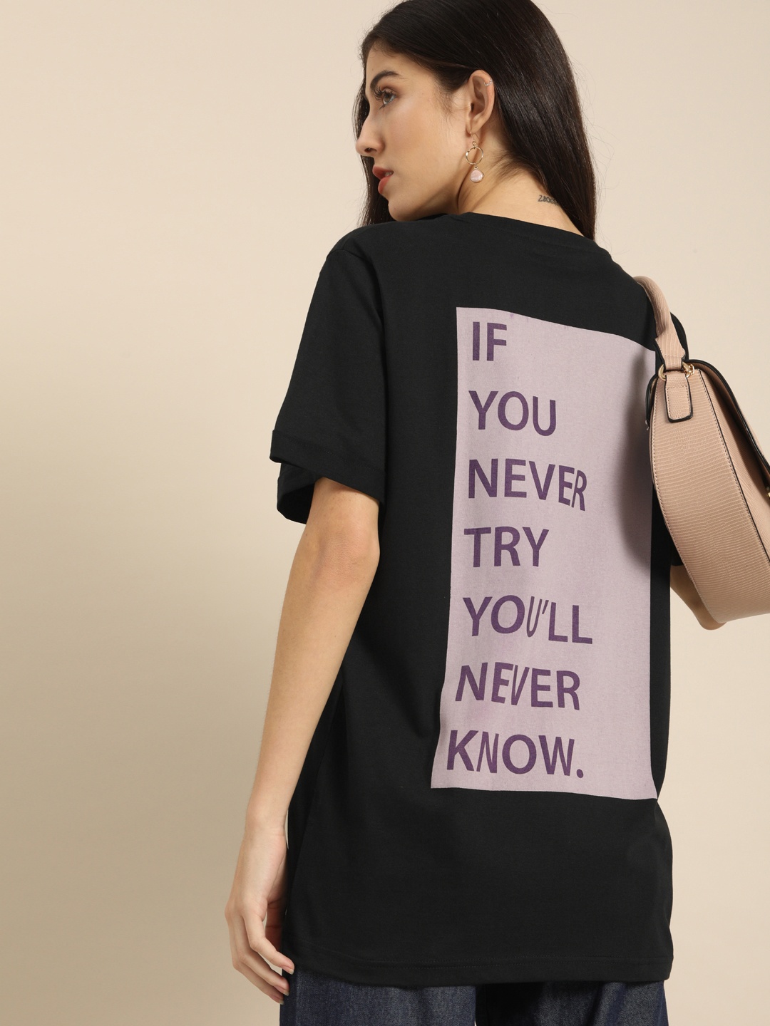 

DILLINGER Women Black Back Printed Round Neck Longline Oversized Pure Cotton T-shirt