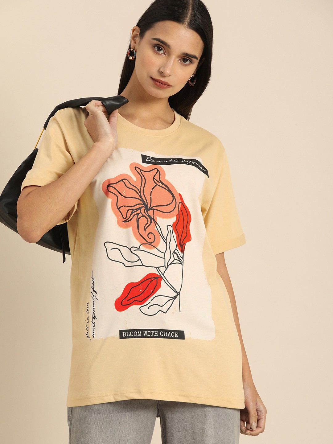 

DILLINGER Women Beige Printed Round Neck Longline Oversized Pure Cotton T-shirt