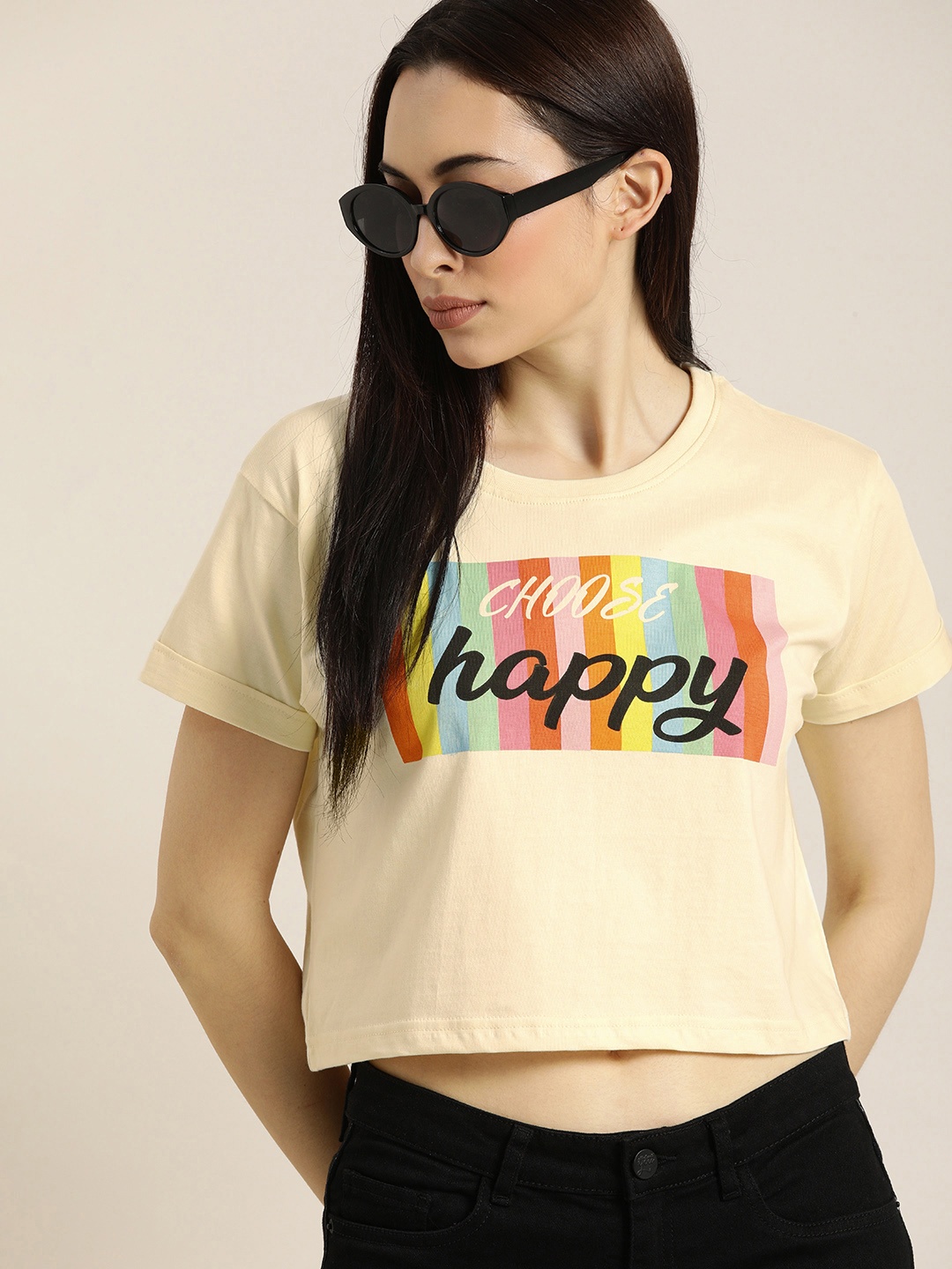 

DILLINGER Women Cream-Coloured Boxy Fit Printed Round Neck Cropped T-shirt