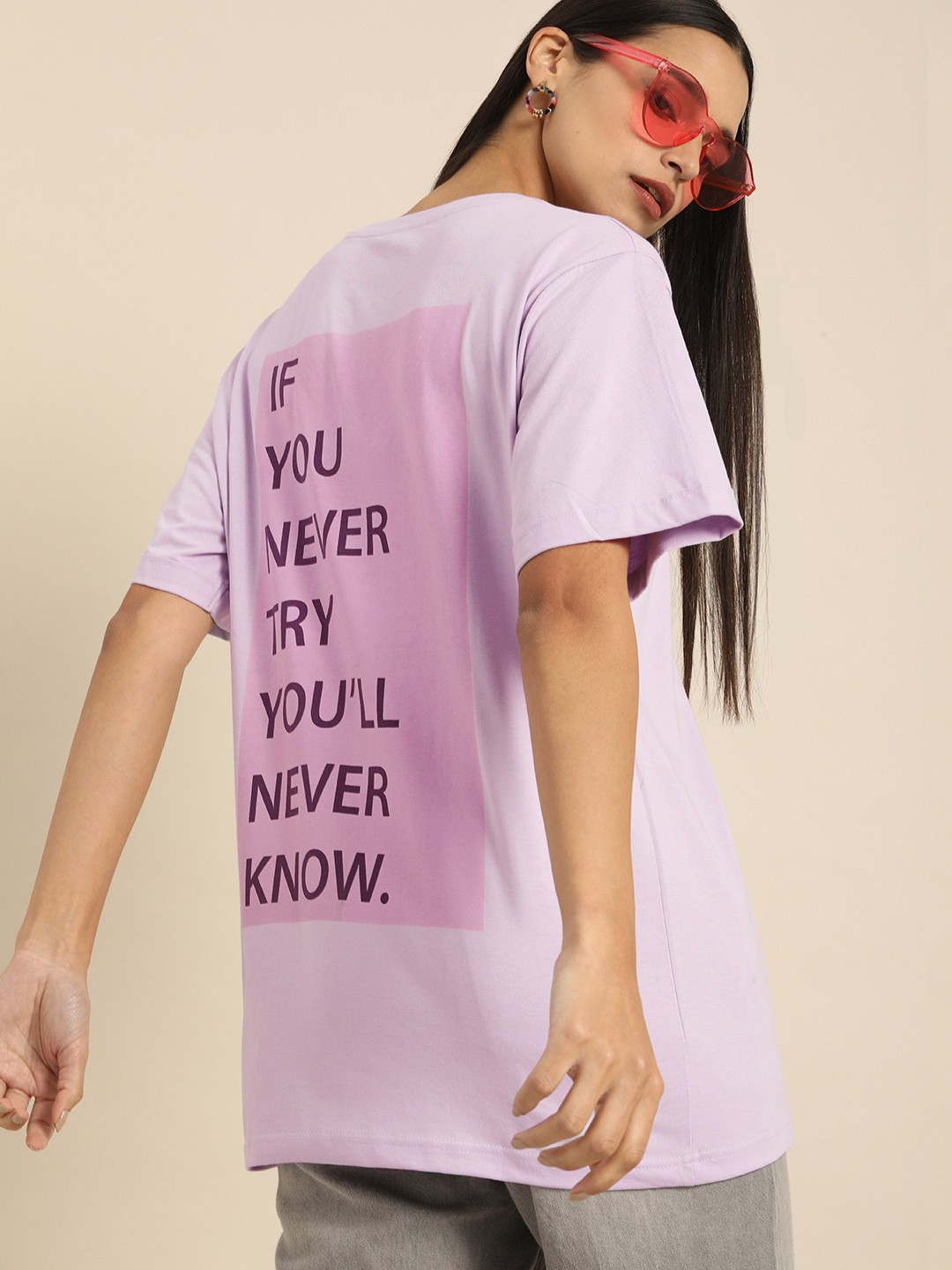 

DILLINGER Women Lavender Back Printed Round Neck Longline Oversized Pure Cotton T-shirt