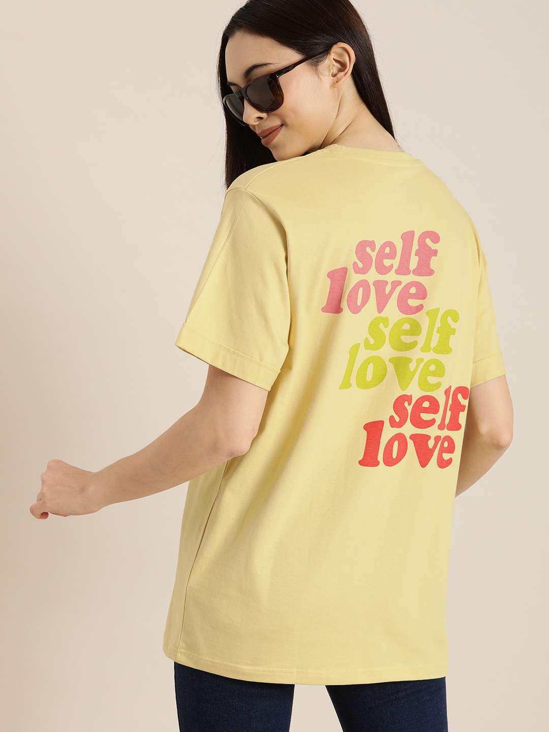 

DILLINGER Women Yellow Printed Round Neck Oversized T-shirt