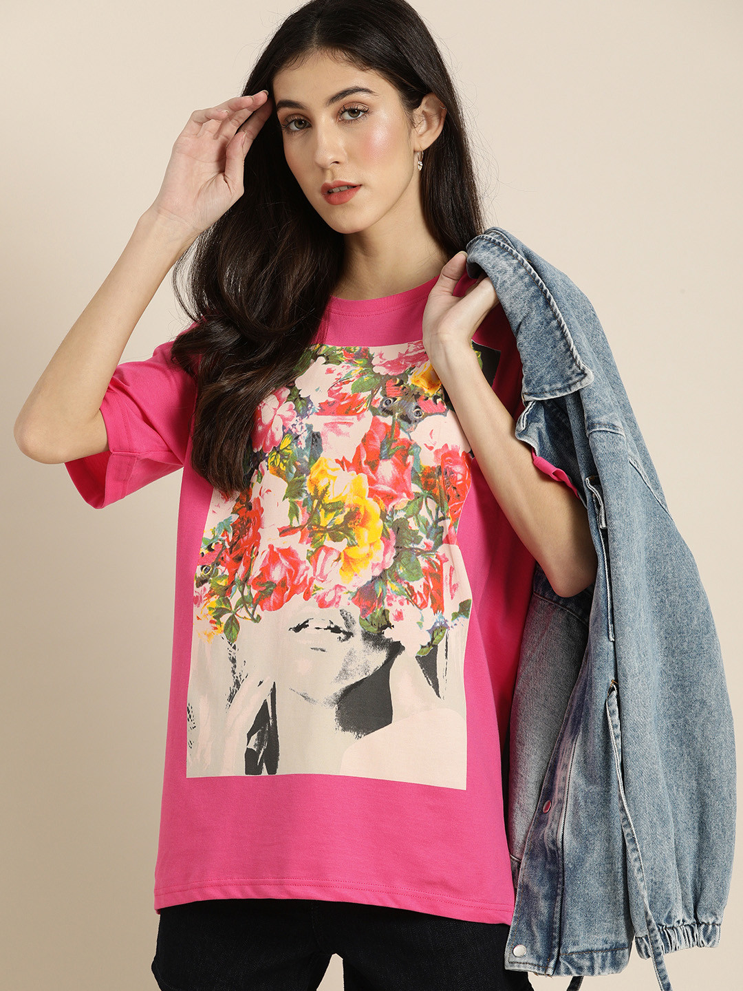 

DILLINGER Women Fuchsia Pink Printed Round Neck Oversized Pure Cotton T-shirt
