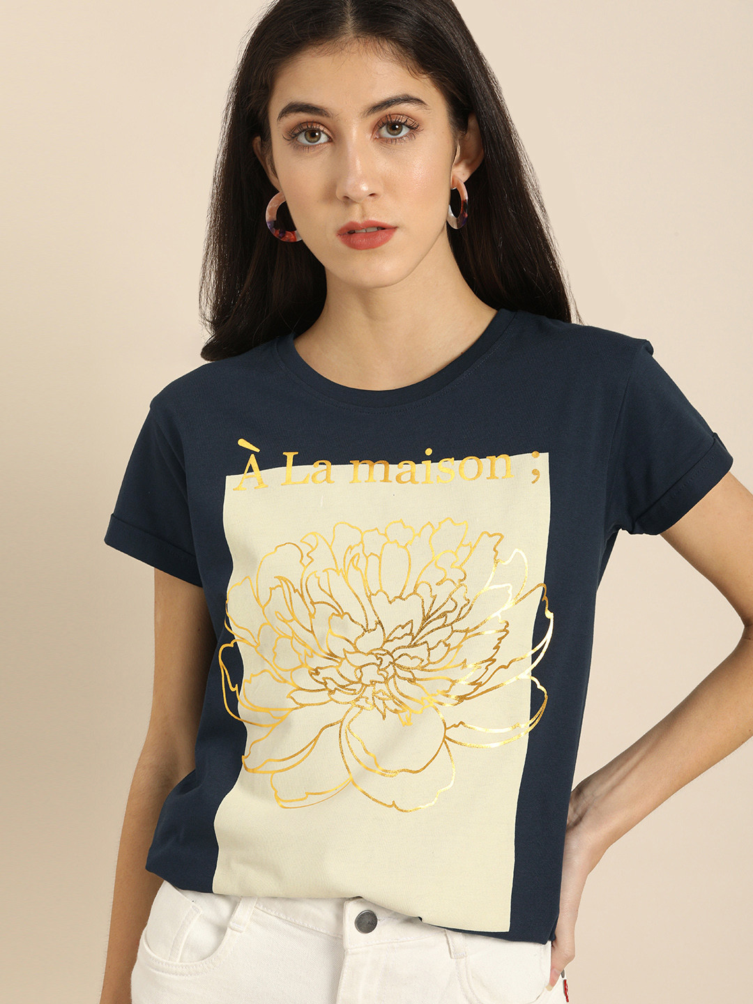 

DILLINGER Women Navy Blue Printed Round Neck Regular Fit Pure Cotton T-shirt