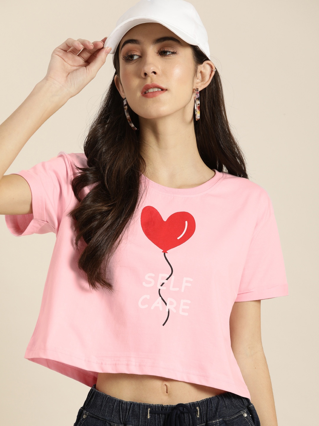 

DILLINGER Women Pink Printed Round Neck Boxy Crop Pure Cotton T-shirt