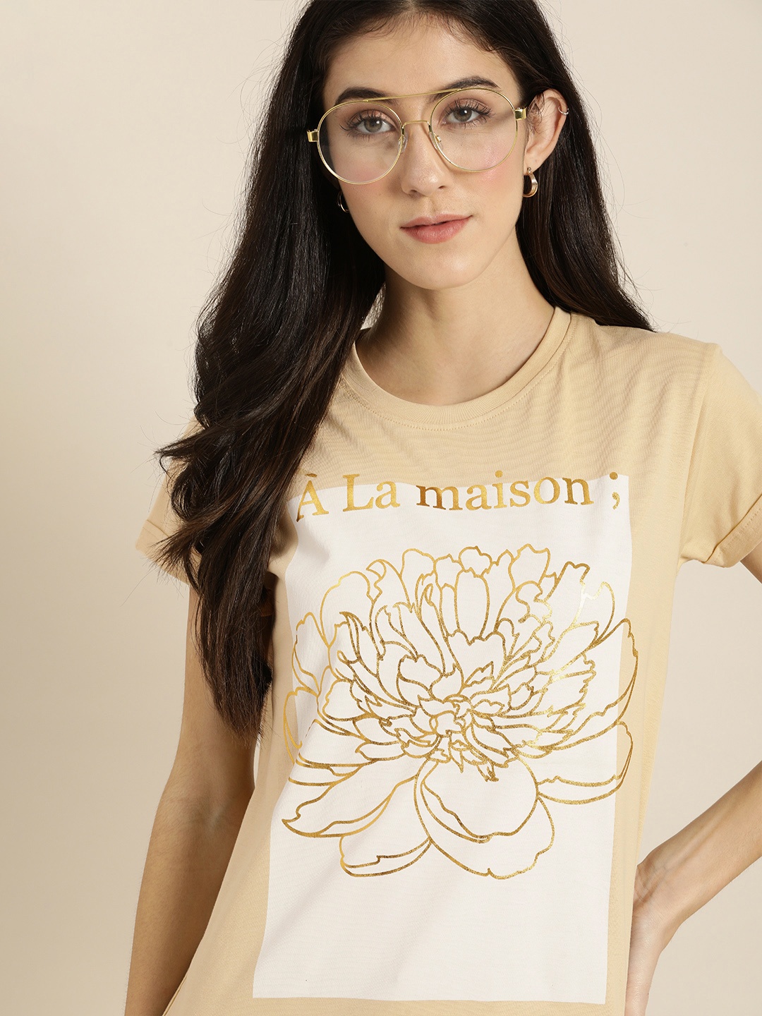 

DILLINGER Women Beige Printed Round Neck Regular Fit Pure Cotton T-shirt