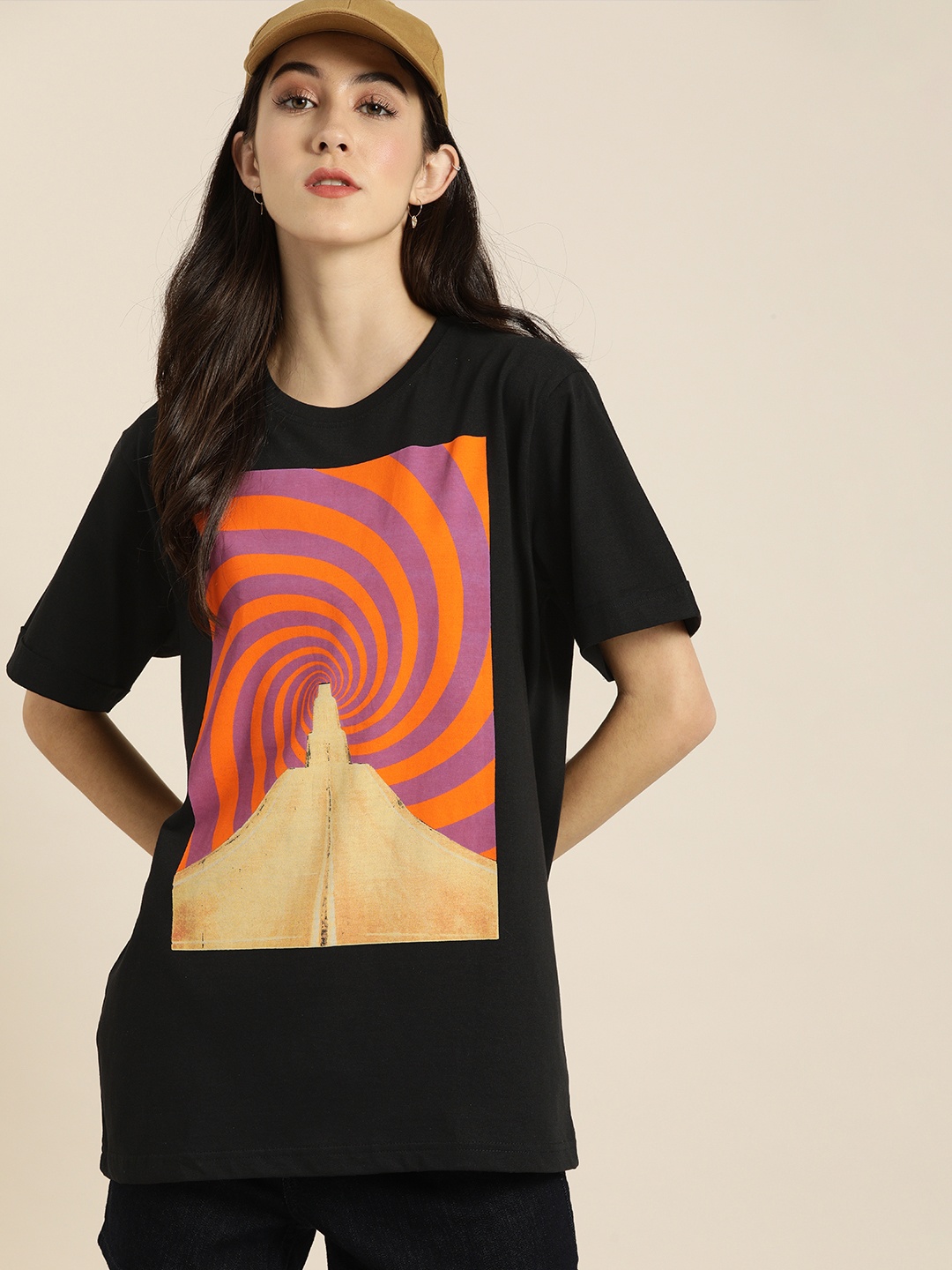 

DILLINGER Women Black Printed Round Neck Oversized Pure Cotton T-shirt