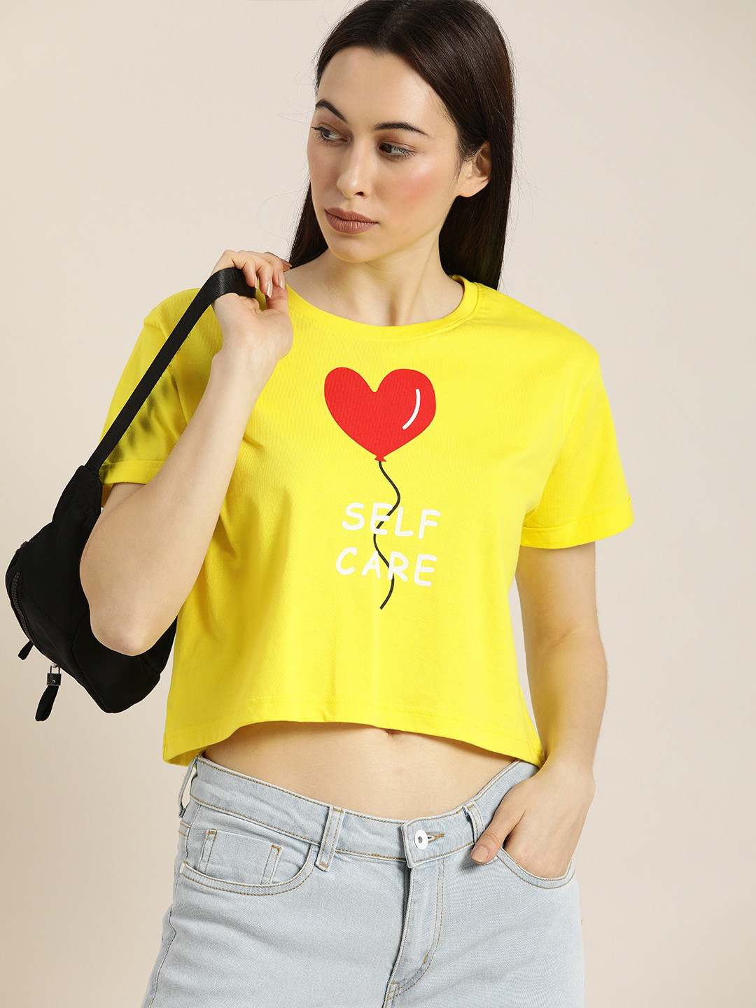 

DILLINGER Women Yellow Printed Fit Round Neck Boxy Crop Pure Cotton T-shirt