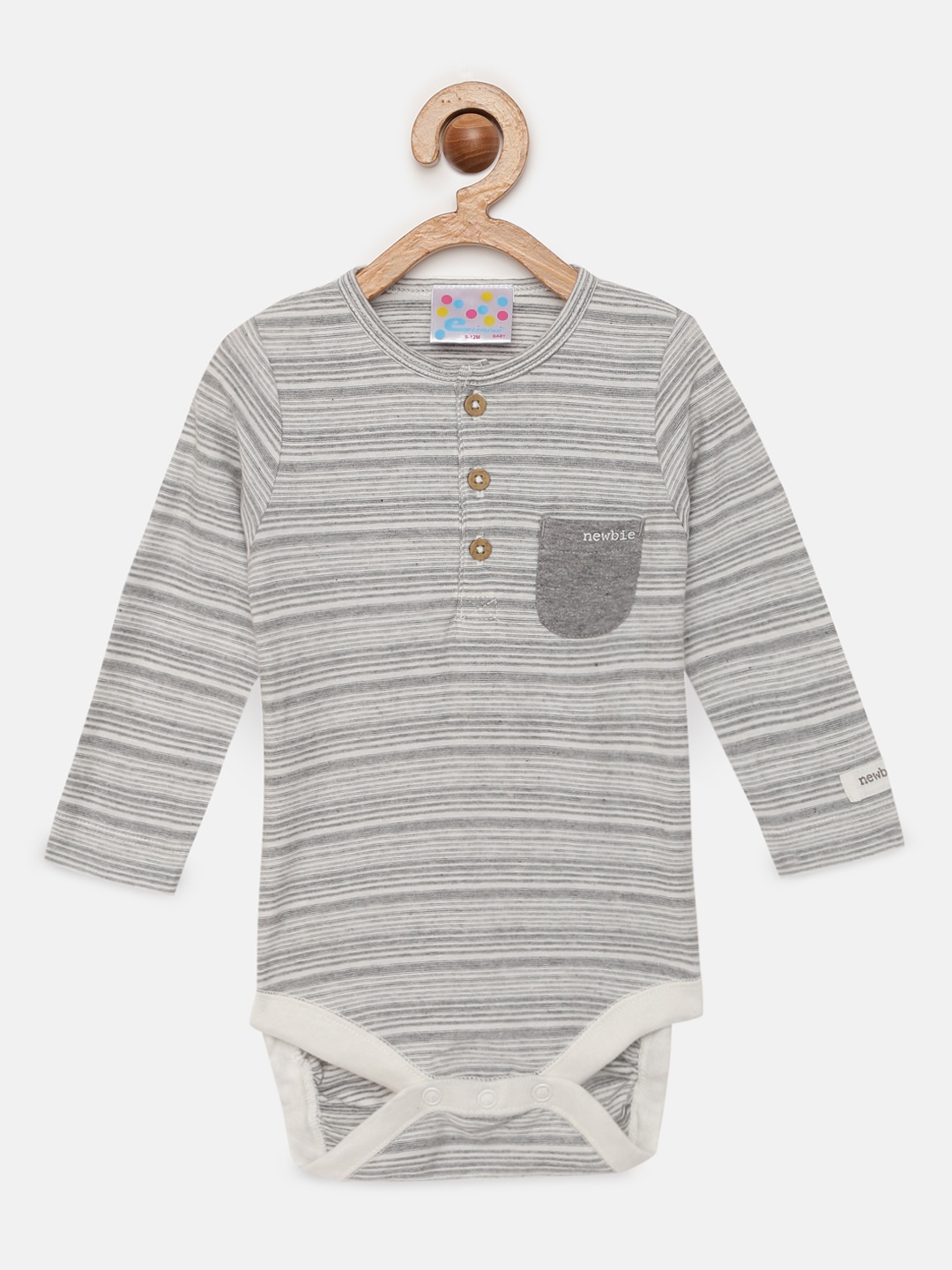 

Eimoie Infant Girls Grey & White Striped Pure Cotton Bodysuit