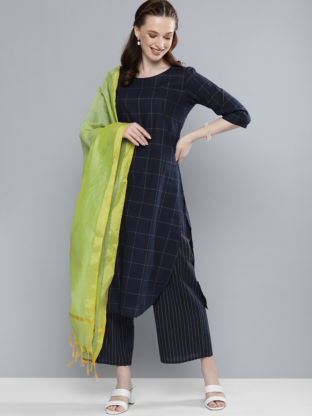 

Vishudh Women Navy Blue Checked Kurta with Palazzos & Dupatta