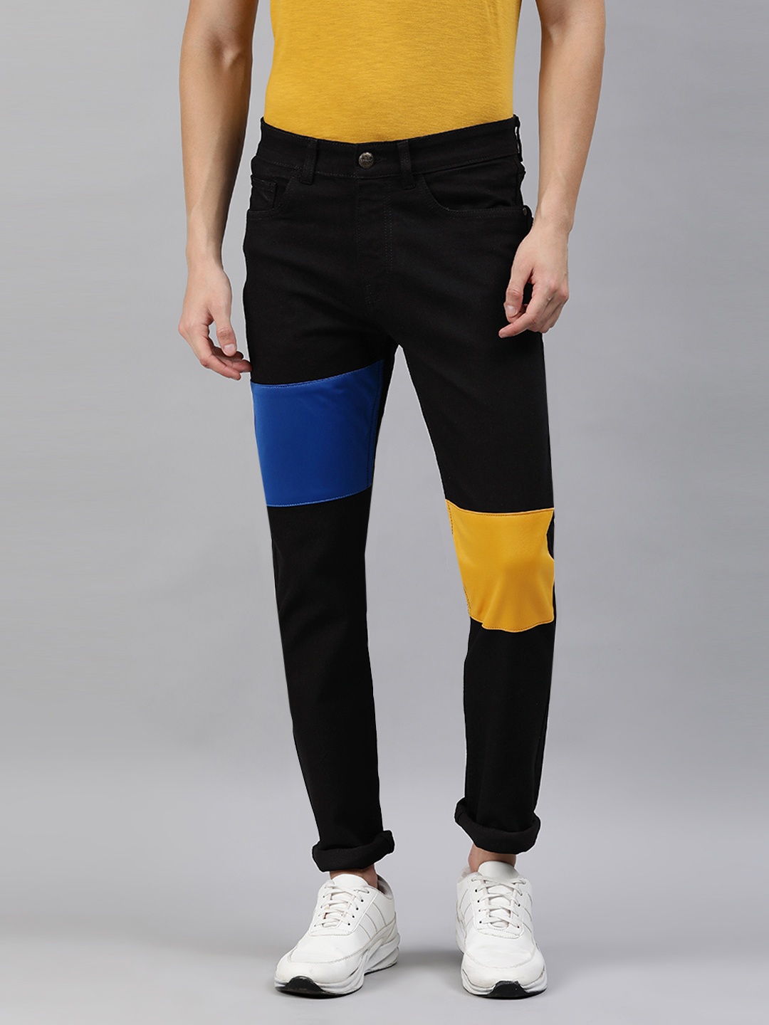 

Urbano Fashion Men Black & Yellow Colourblocked Slim Fit Mid-Rise Clean Look Jeans