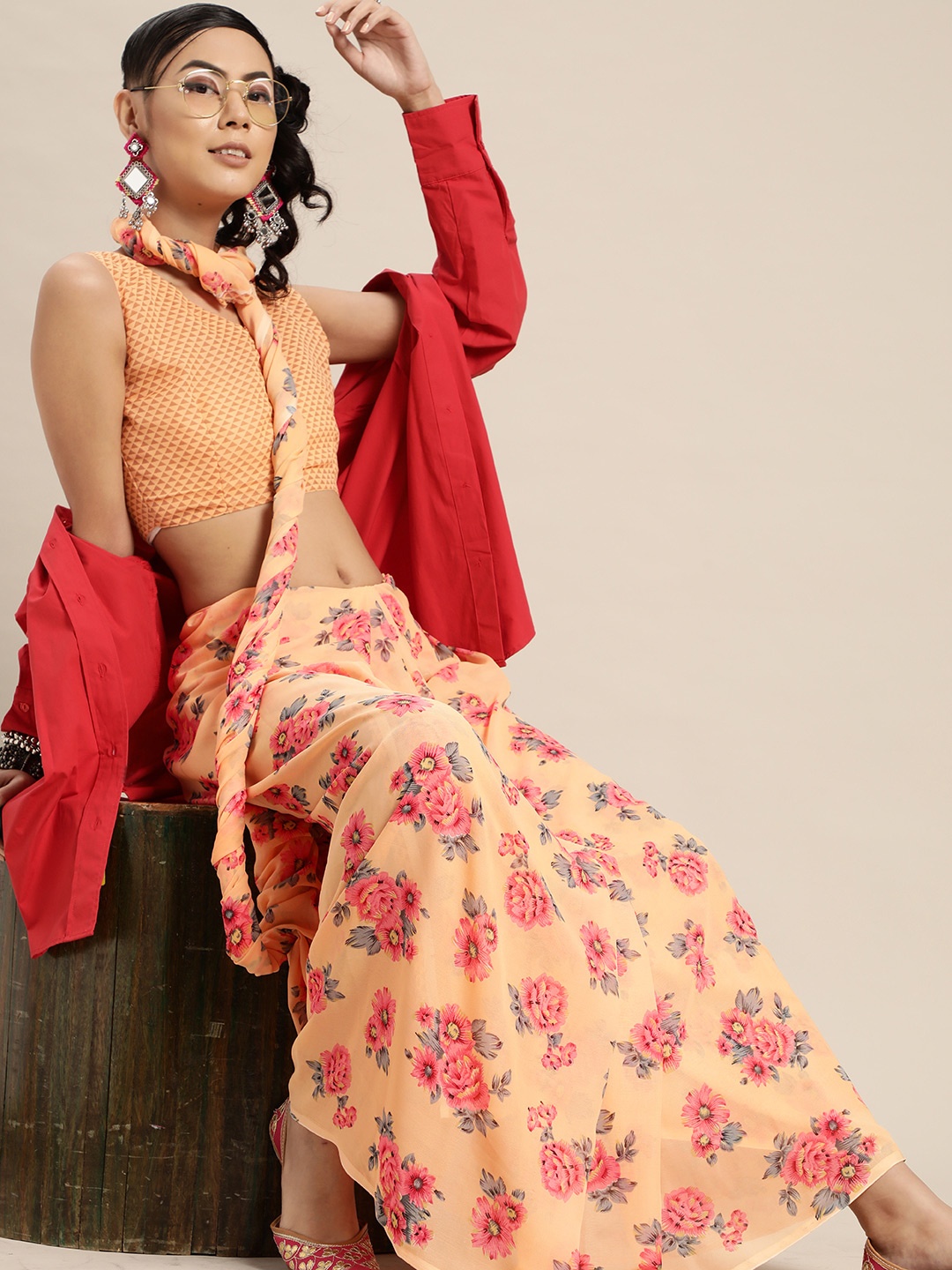 

KALINI Peach and Pink Beautiful Floral Saree