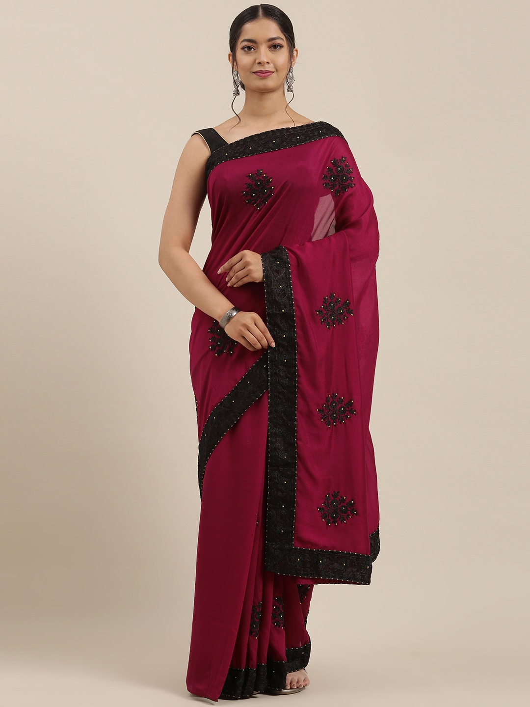 

Mitera Maroon & Black Poly Silk Embellished Kanjeevaram Saree