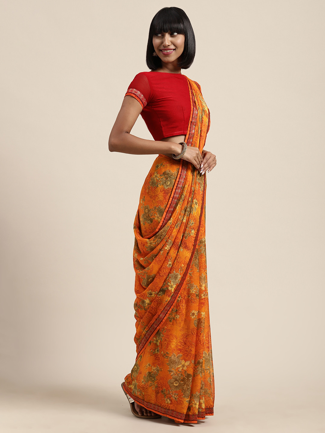 

Satrani Orange & Olive Green Pure Chiffon Floral Printed Saree