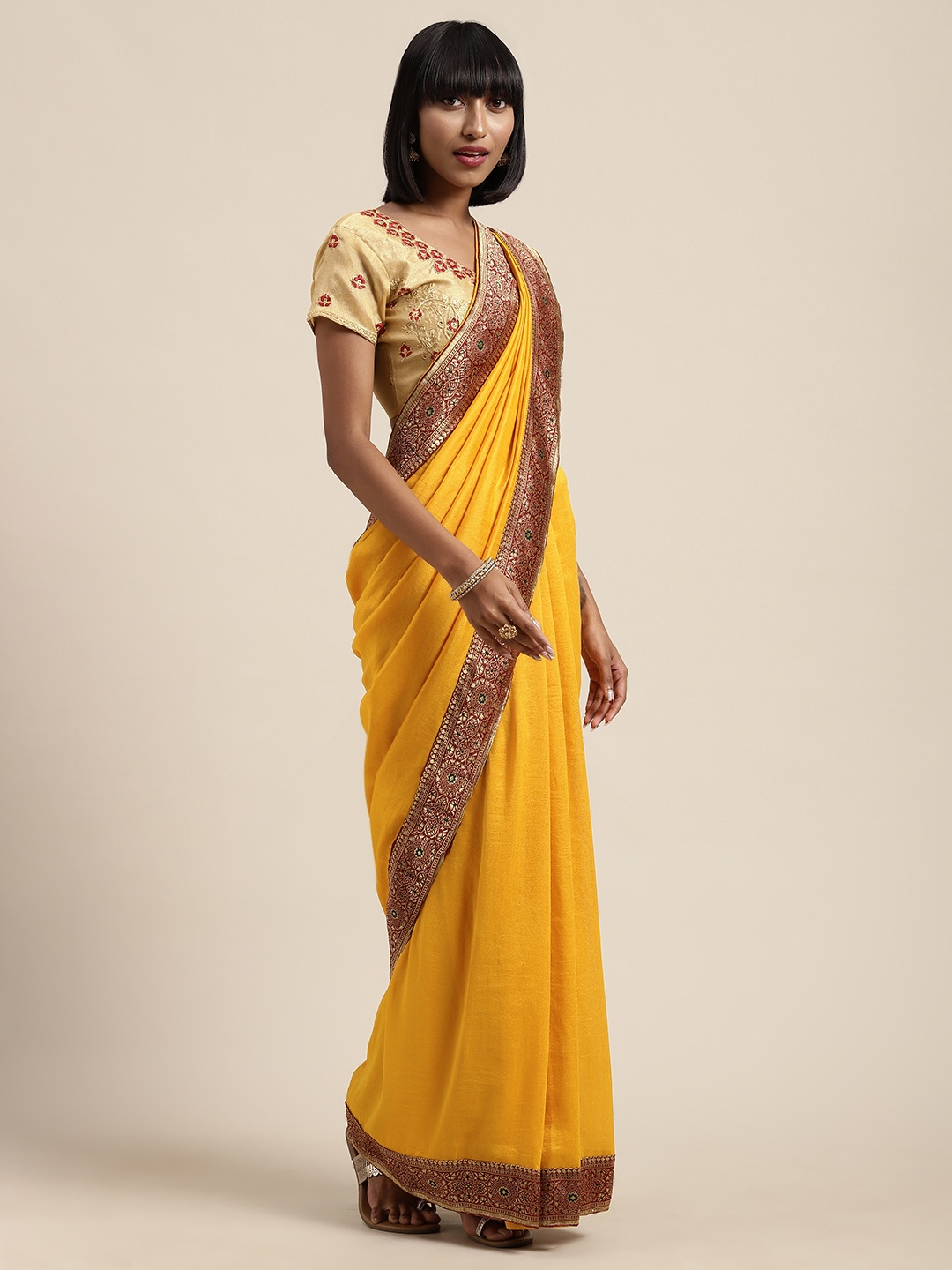 

Satrani Yellow Solid Poly Silk Saree