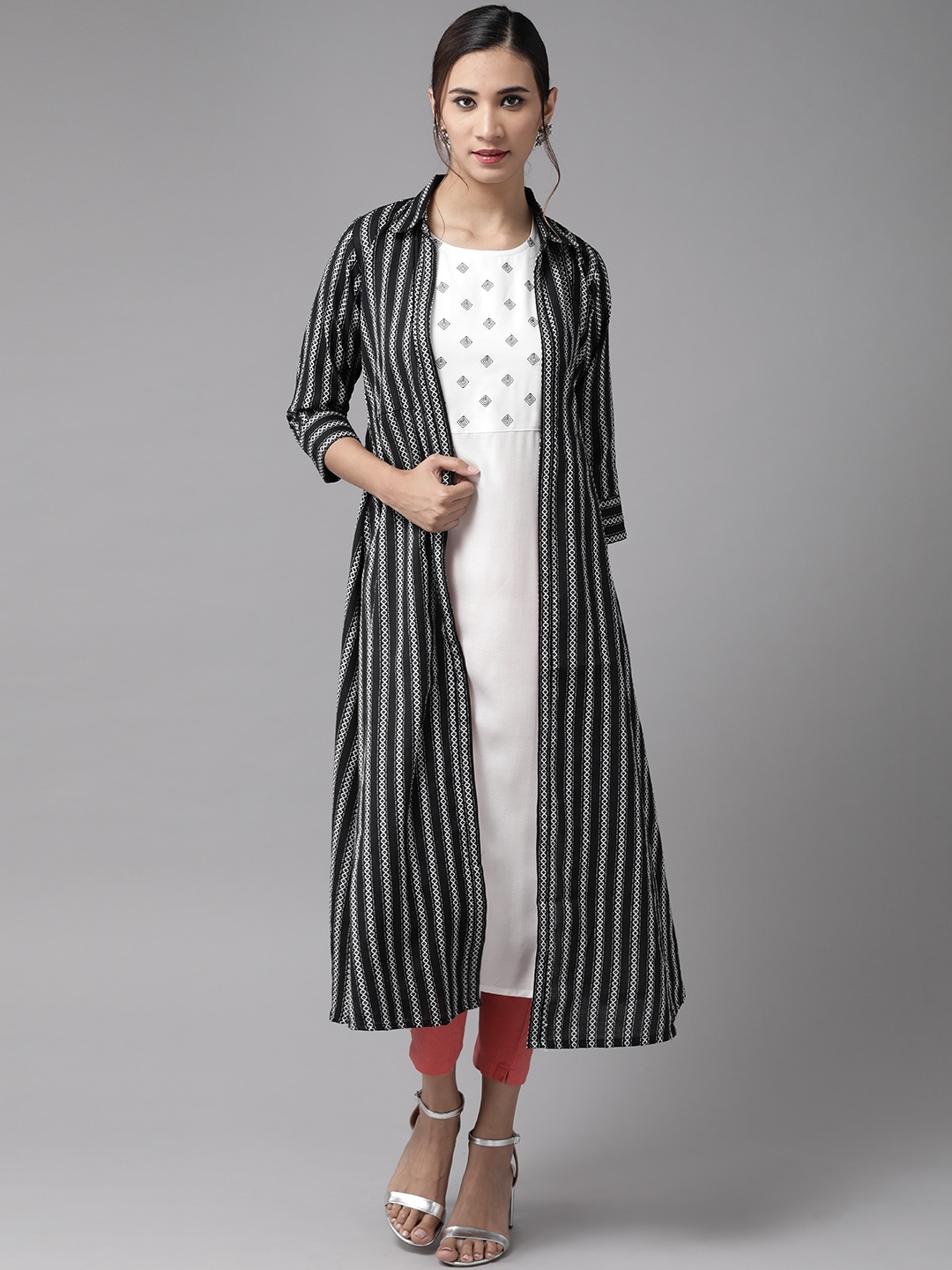 

Yufta Women Black & White Striped Thread Work A-Line Kurta With Yarn Dyed Jacket