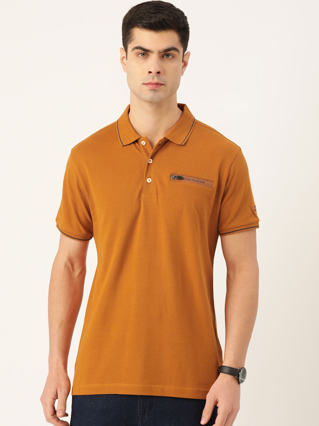 

Being Human Men Mustard Brown Cotton Solid Polo Collar Pure Cotton T-shirt
