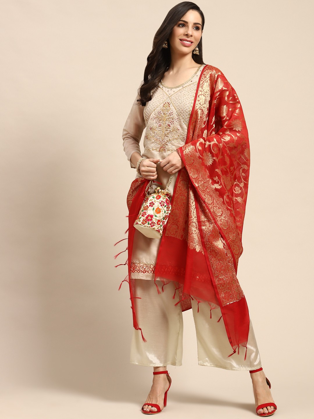 

Rajnandini Golden & Red Embroidered Semi-Stitched Dress Material, Gold