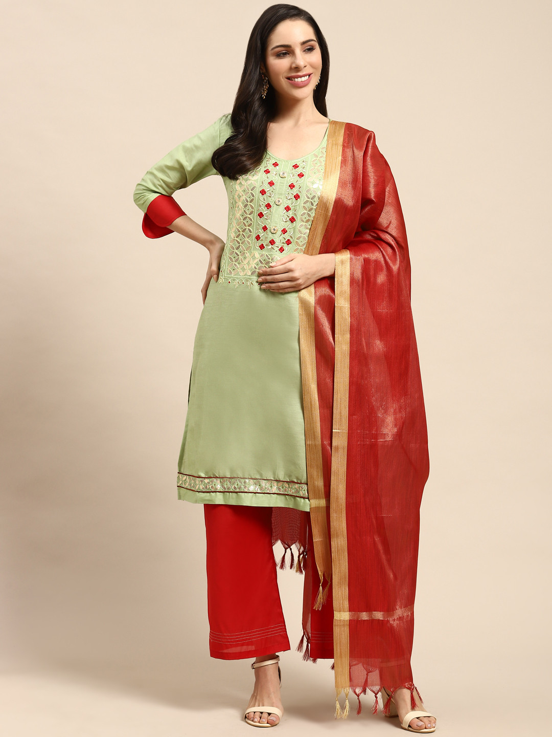 

Rajnandini Green & Red Pure Cotton Embroidered Semi-Stitched Dress Material